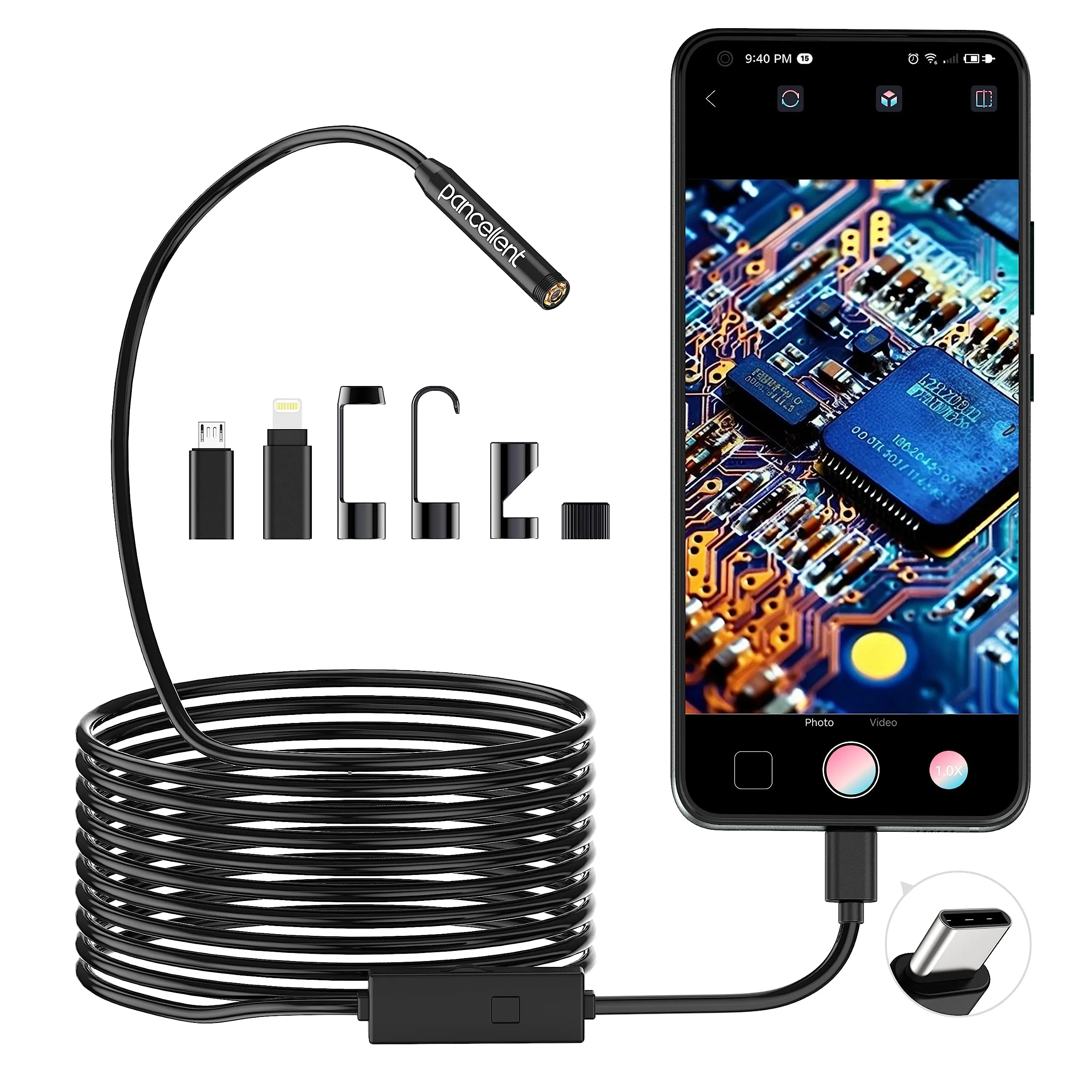 Pancellent Endoscopio Boroscopio 1920P HD con 8 LED, 5M per Android e iOS - immagine 1