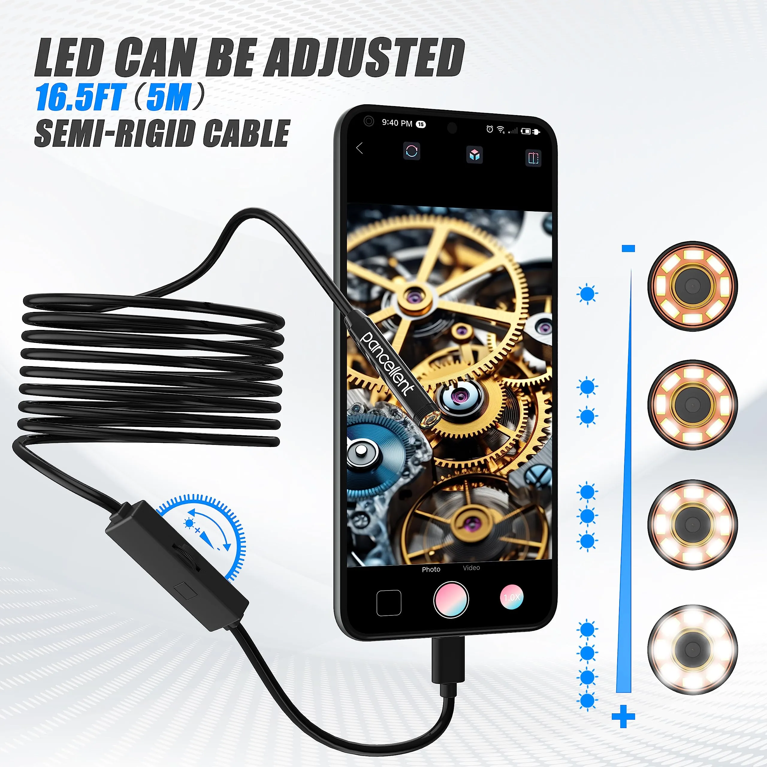 Pancellent Endoscopio Boroscopio 1920P HD con 8 LED, 5M per Android e iOS - immagine 6