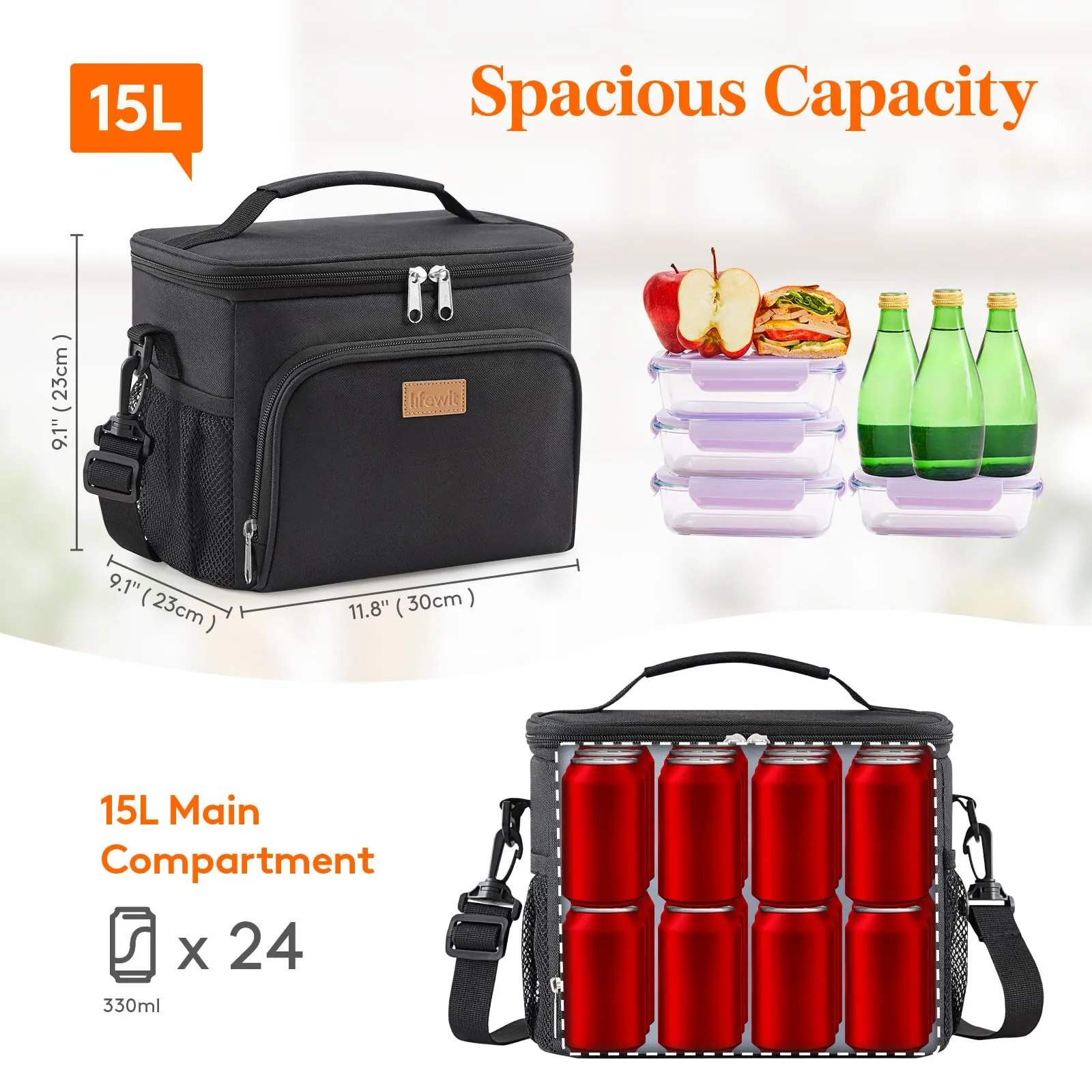 Lifewit Borsa Termica Porta Pranzo Impermeabile con Tracolla, 15L, Nero - immagine 3