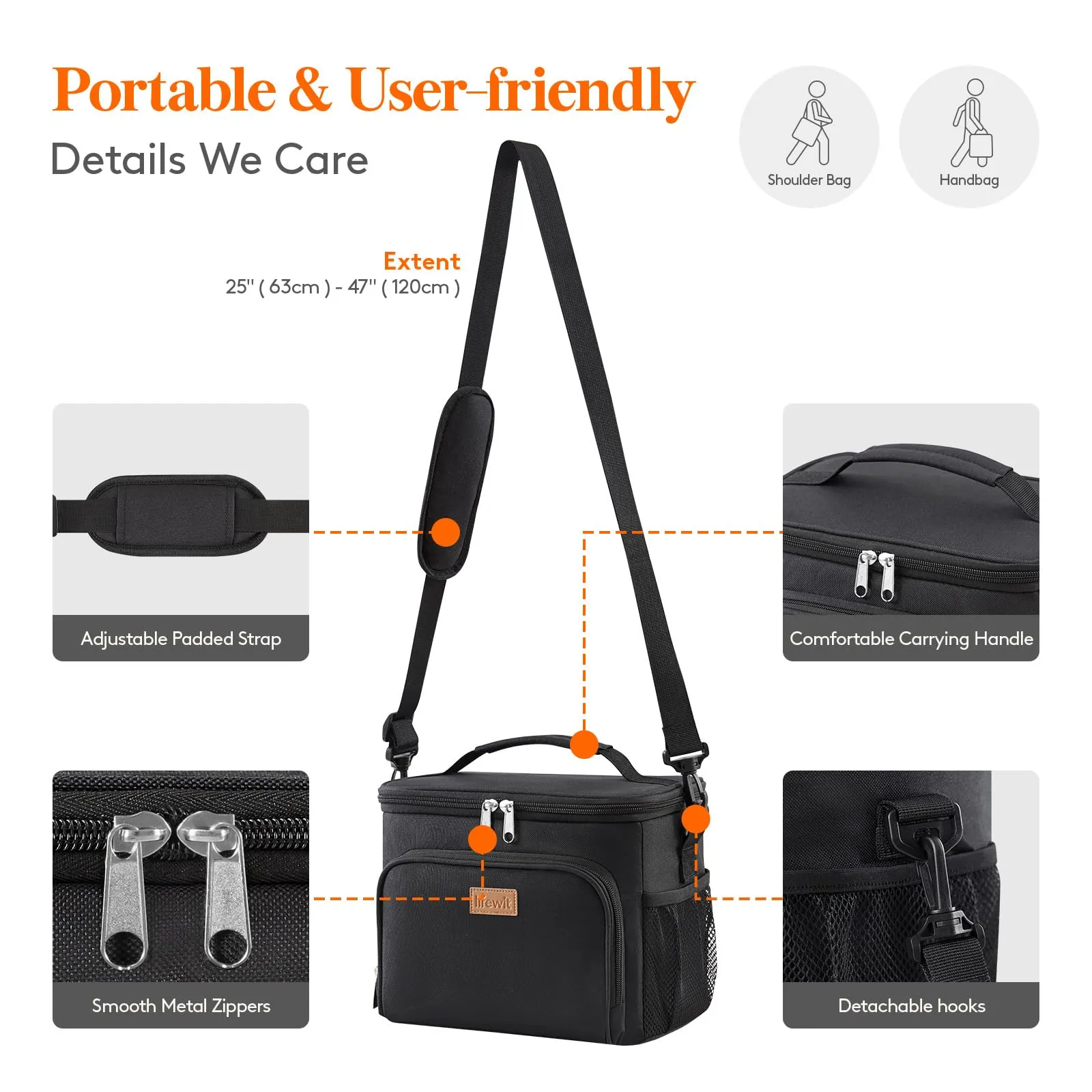 Lifewit Borsa Termica Porta Pranzo Impermeabile con Tracolla, 15L, Nero - immagine 6