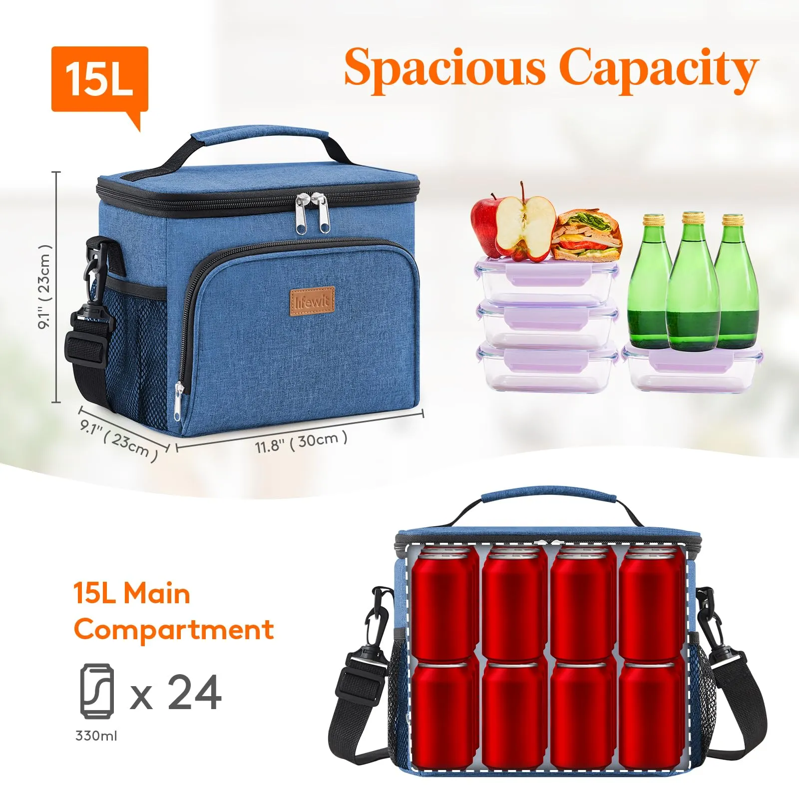Lifewit Borsa Termica Porta Pranzo Impermeabile, 15L, Blu Scuro - immagine 3