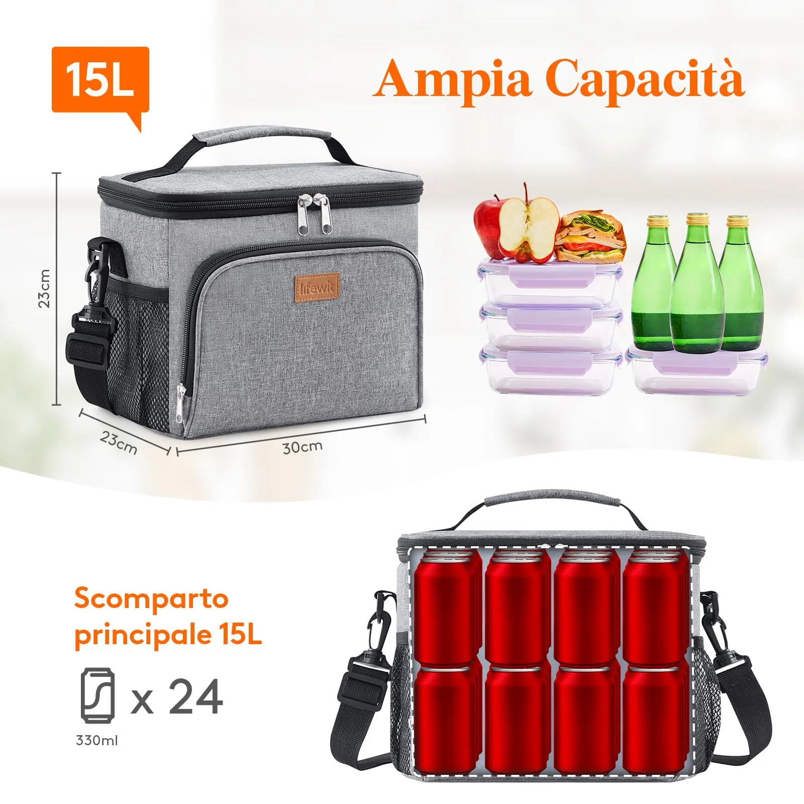 Lifewit Borsa Termica Porta Pranzo Impermeabile, 15L, Grigio - immagine 3