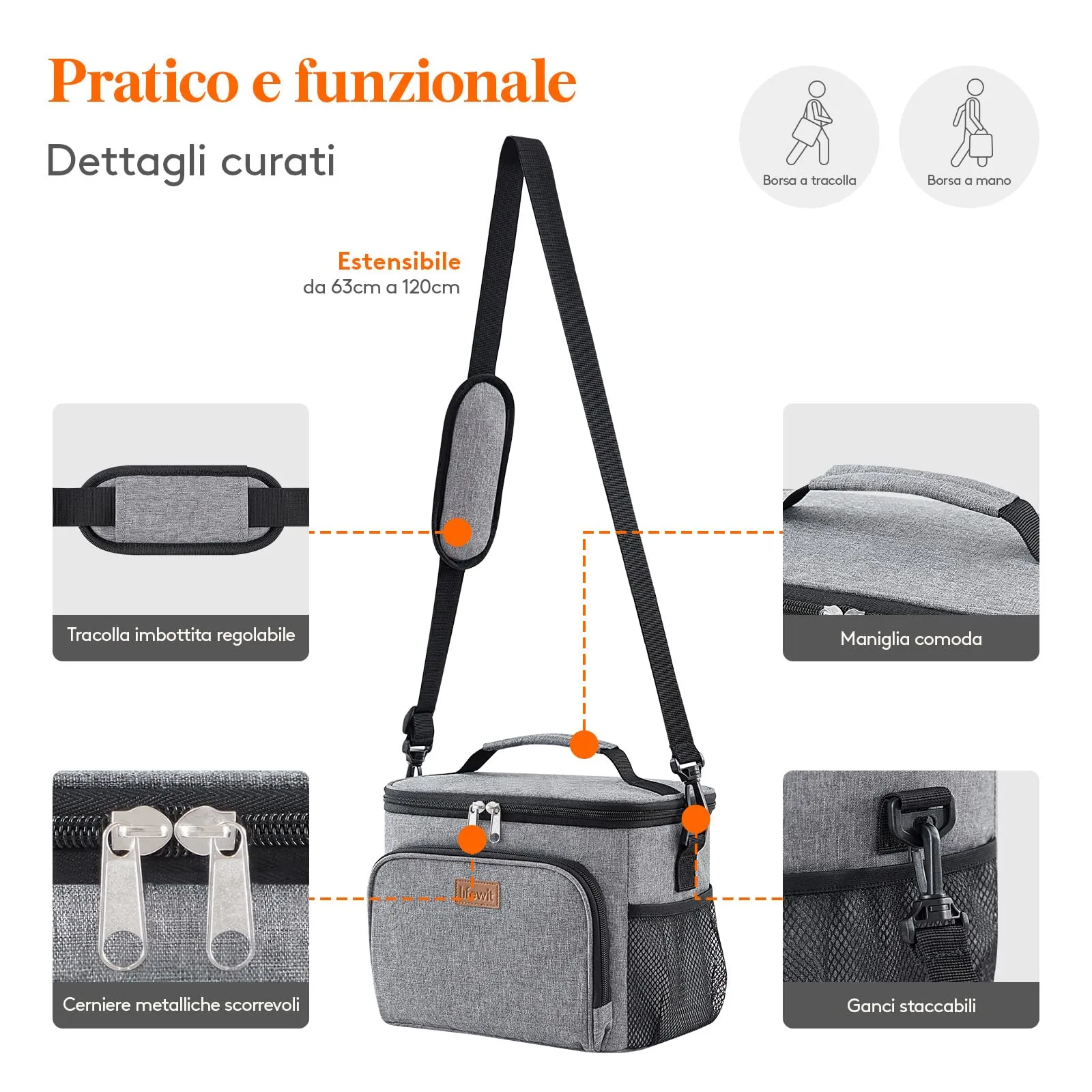 Lifewit Borsa Termica Porta Pranzo Impermeabile, 15L, Grigio - immagine 6