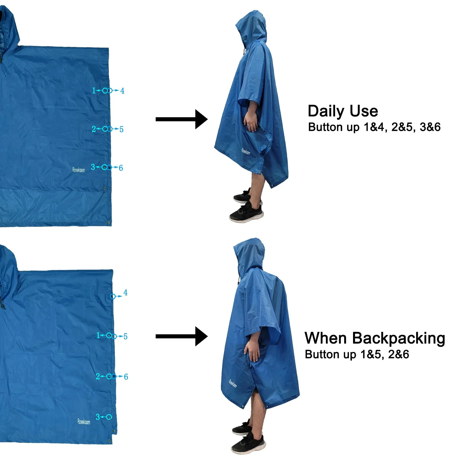 Azeekoom Poncho Impermeabile Multifunzionale con Cappuccio per Uomo e Donna (Blu Scuro) - immagine 5