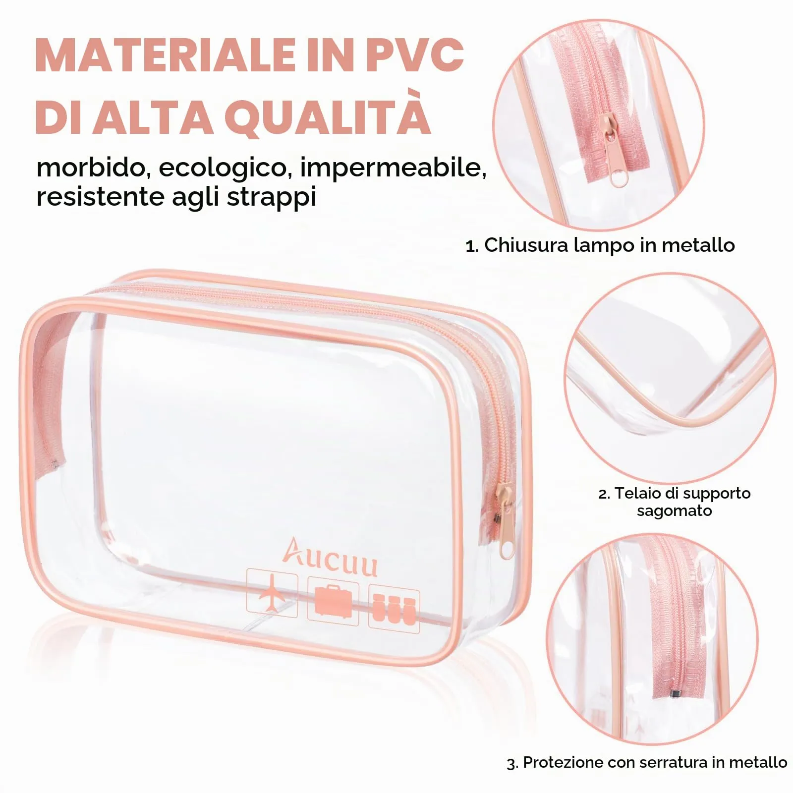 Aucuu Beauty Case Trasparente, Set di 2 Borse da Toilette Impermeabili da Viaggio - immagine 3