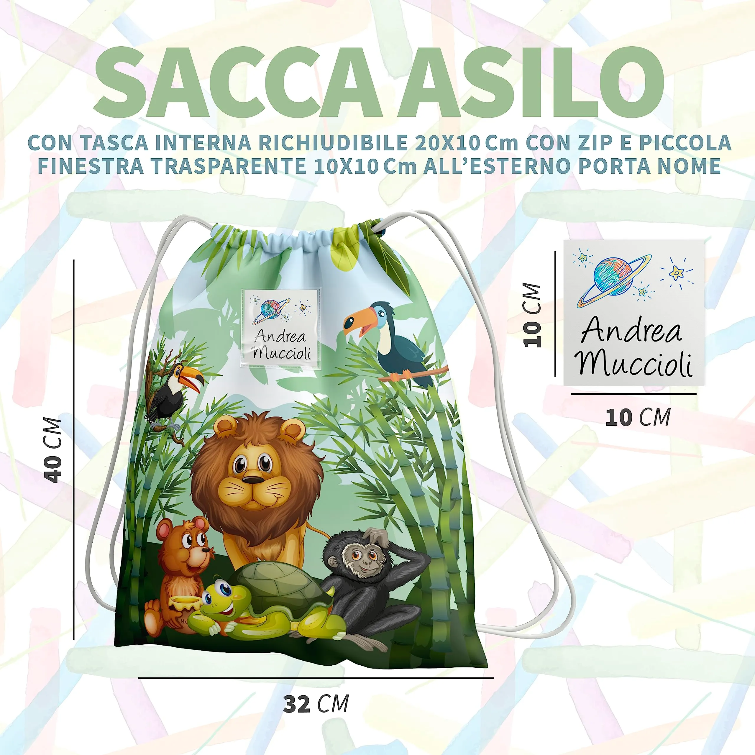 KAÏDENSÏ Sacca Asilo Personalizzata Giungla, Zainetto Asilo Nido 32x40 cm con Tasca Interna - immagine 2