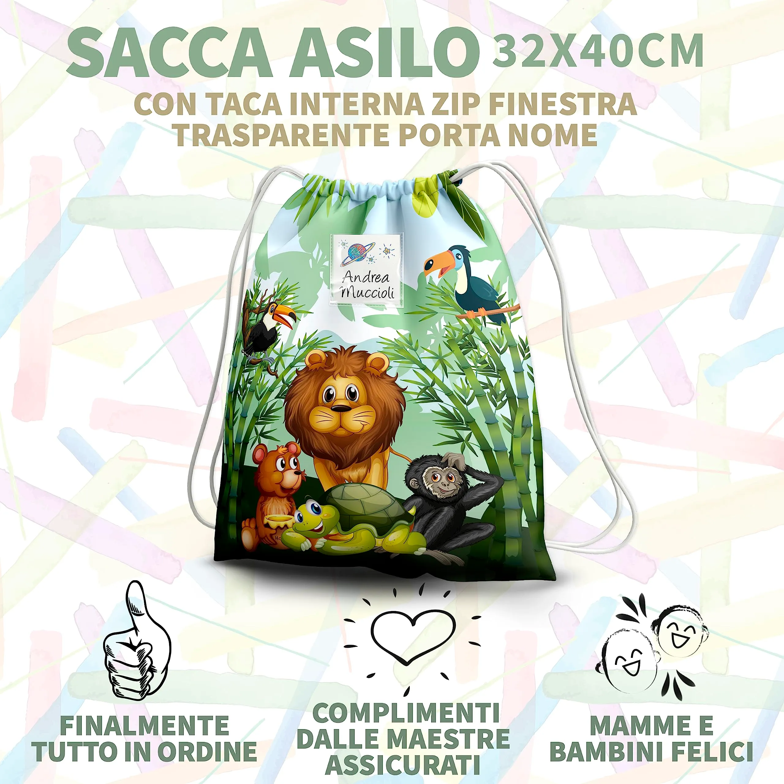 KAÏDENSÏ Sacca Asilo Personalizzata Giungla, Zainetto Asilo Nido 32x40 cm con Tasca Interna - immagine 3