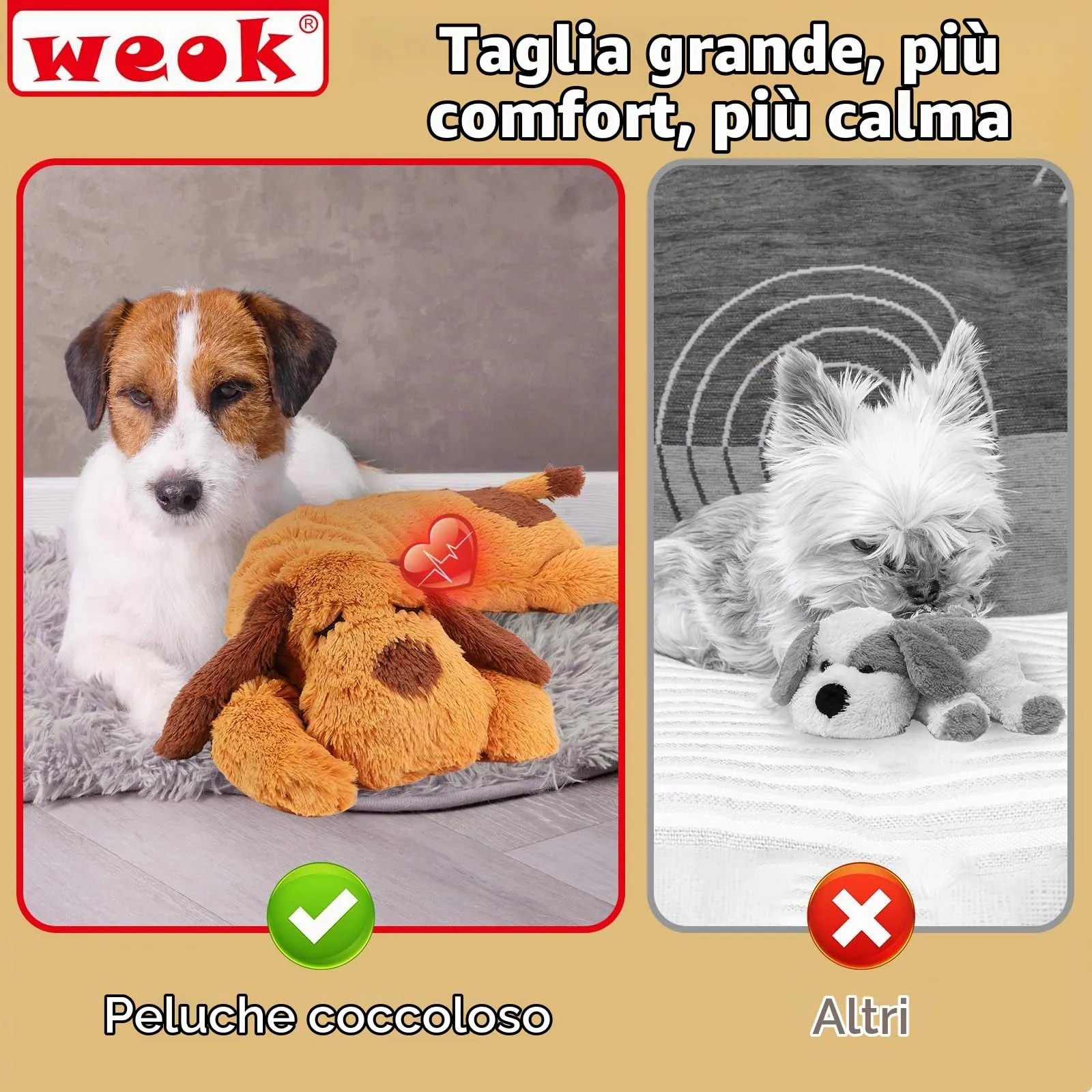 WEOK Giocattolo per Cuccioli con Battito Cardiaco, Cuscino Calmante per Ansia e Sonno, Taglia Media - immagine 5
