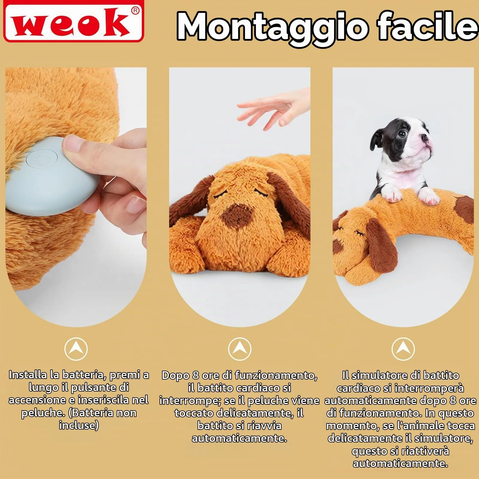 WEOK Giocattolo per Cuccioli con Battito Cardiaco, Cuscino Calmante per Ansia e Sonno, Taglia Media - immagine 7
