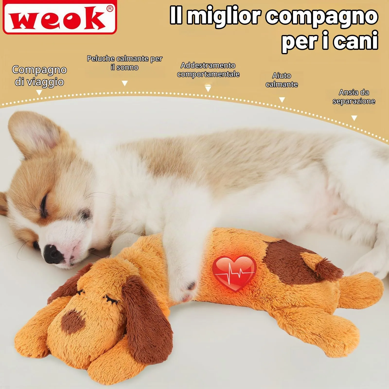 WEOK Giocattolo per Cuccioli con Battito Cardiaco, Cuscino Calmante per Ansia e Sonno, Taglia Media - immagine 8