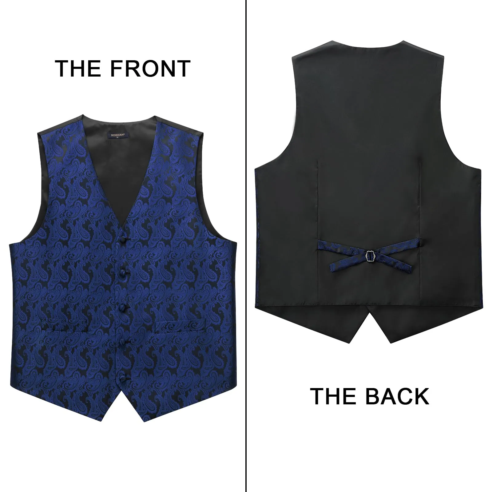 HISDERN Gilet Uomo Paisley Floreale Jacquard con Cravatta e Fazzoletto da Taschino, Blu Navy e Nero, M - immagine 3