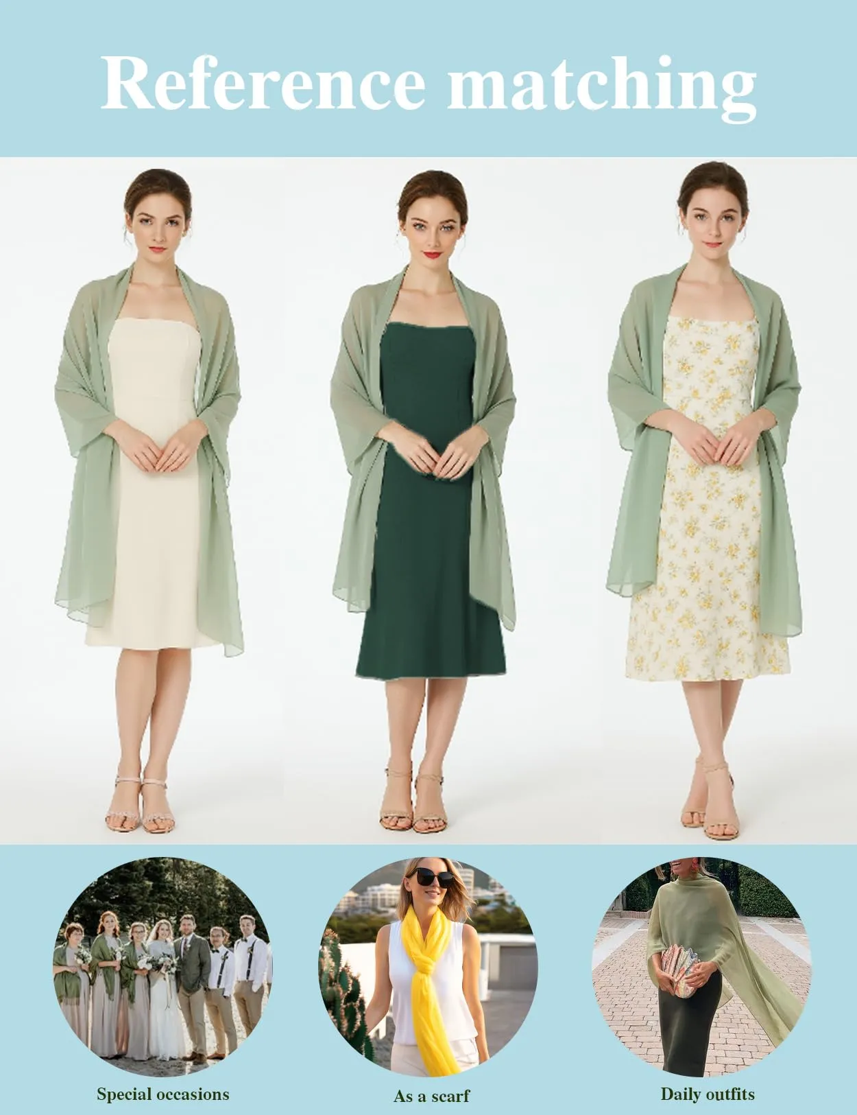 BEAUTELICATE Scialle Stola in Chiffon per Donna Sage Green - Taglia unica - immagine 6