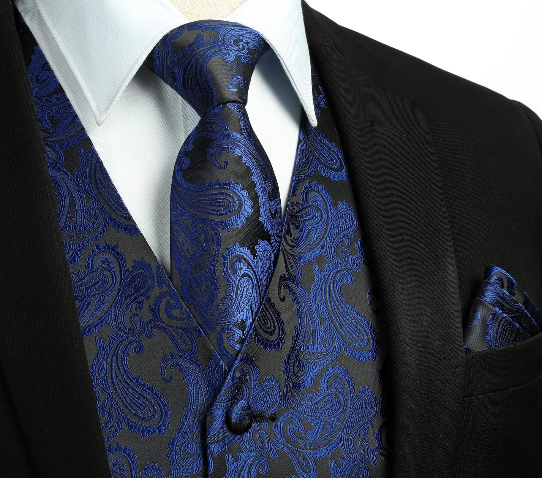 HISDERN Gilet Uomo Paisley Jacquard con Fazzoletto da Taschino, XL, Blu Navy e Nero - immagine 2