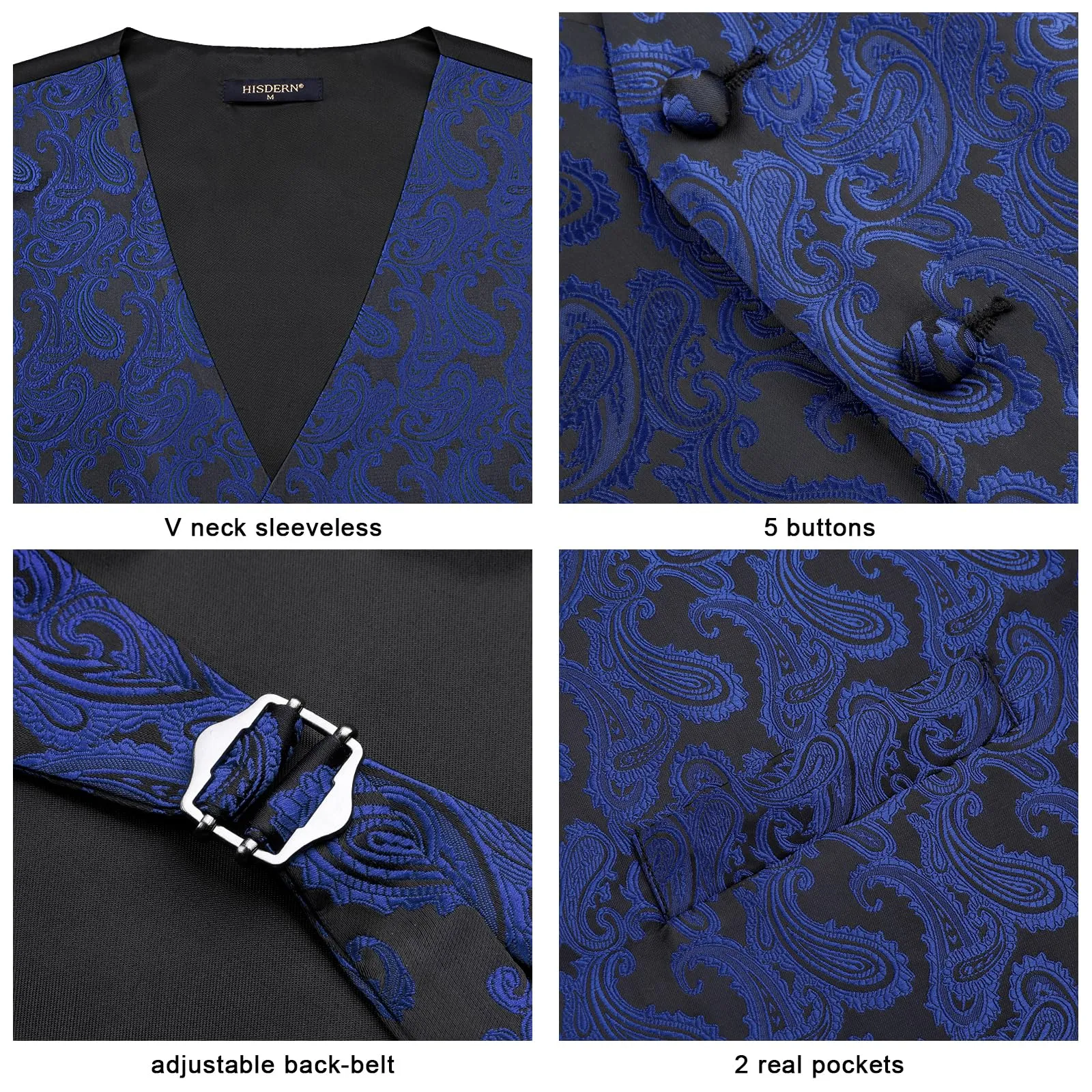 HISDERN Gilet Uomo Paisley Floreale Jacquard con Fazzoletto da Taschino, 2XL, Blu Navy e Nero - immagine 4