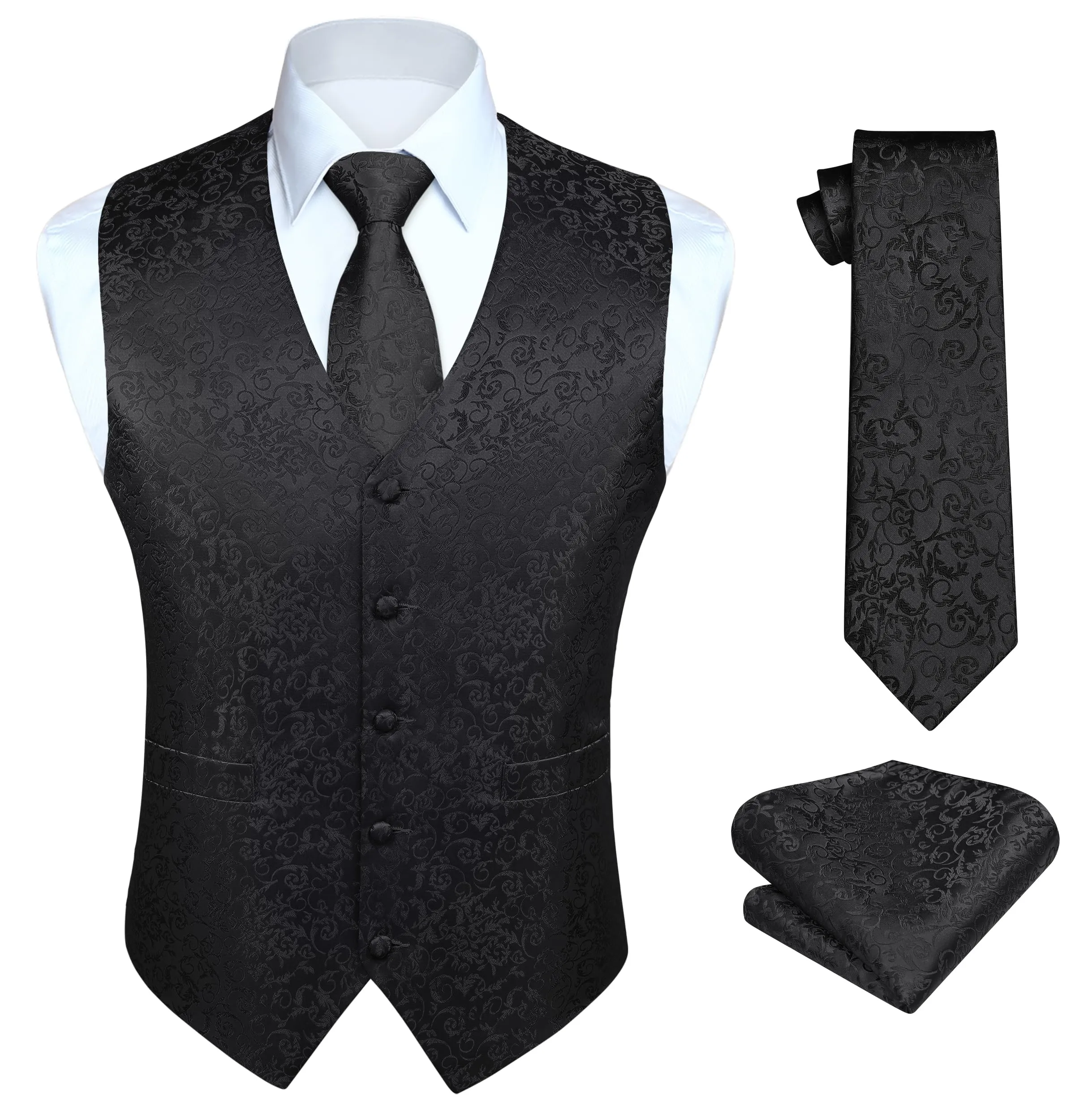 HISDERN Gilet da Uomo Nero Paisley Jacquard con Cravatta e Fazzoletto, 3XL - immagine 1