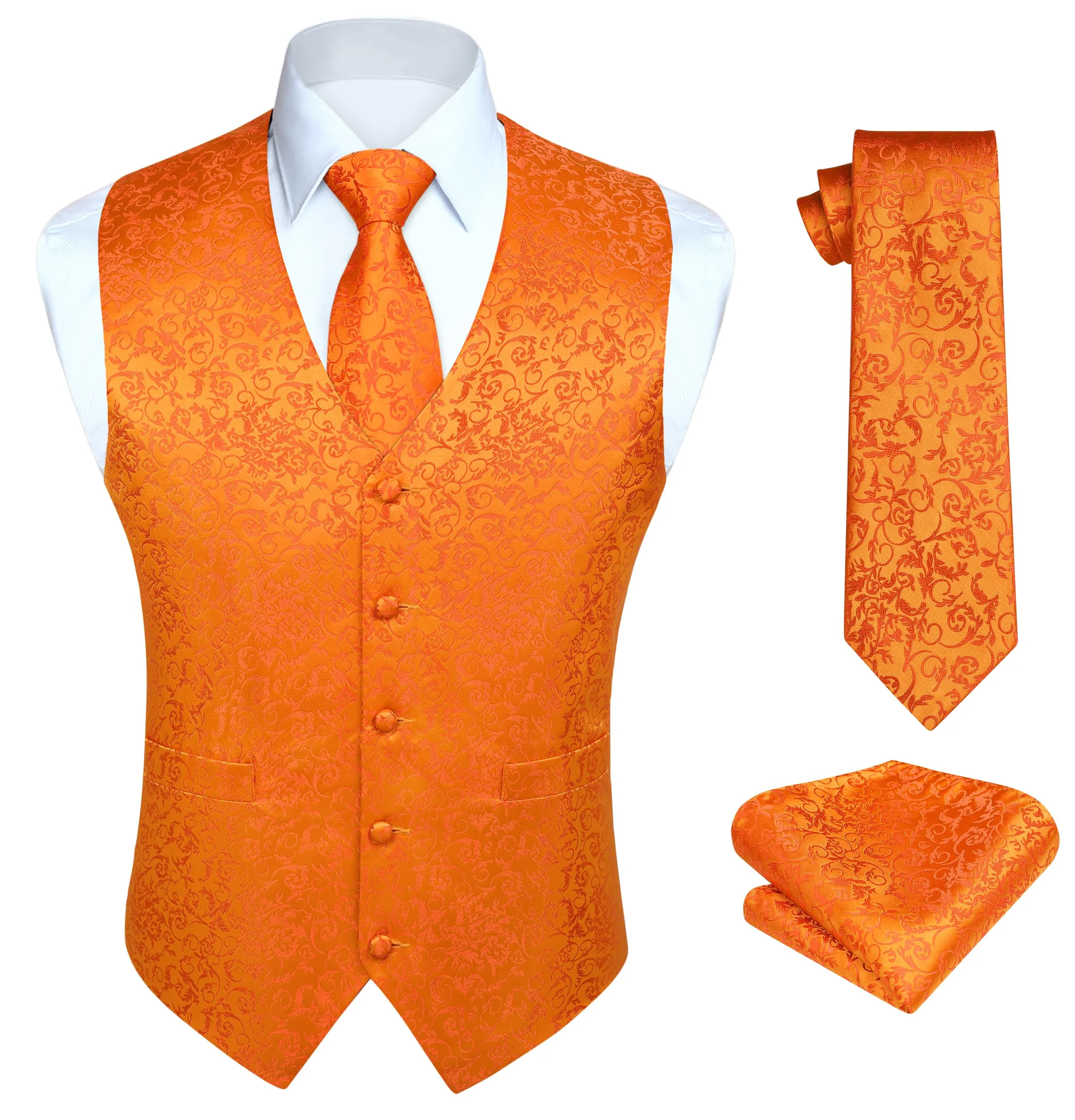HISDERN Gilet Uomo Paisley Floreale Jacquard con Cravatta e Fazzoletto da Taschino, Arancione, 2XL - immagine 1