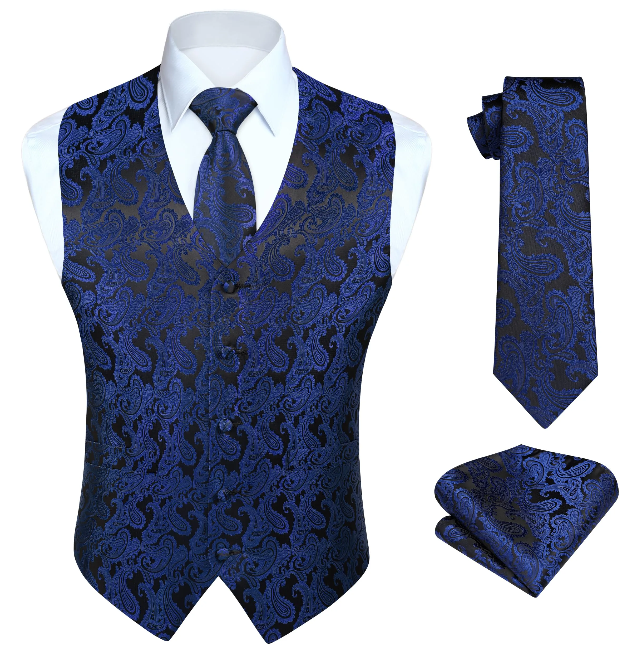 HISDERN Gilet Uomo Paisley Floreale Jacquard Blu Navy e Nero, 3XL - immagine 1