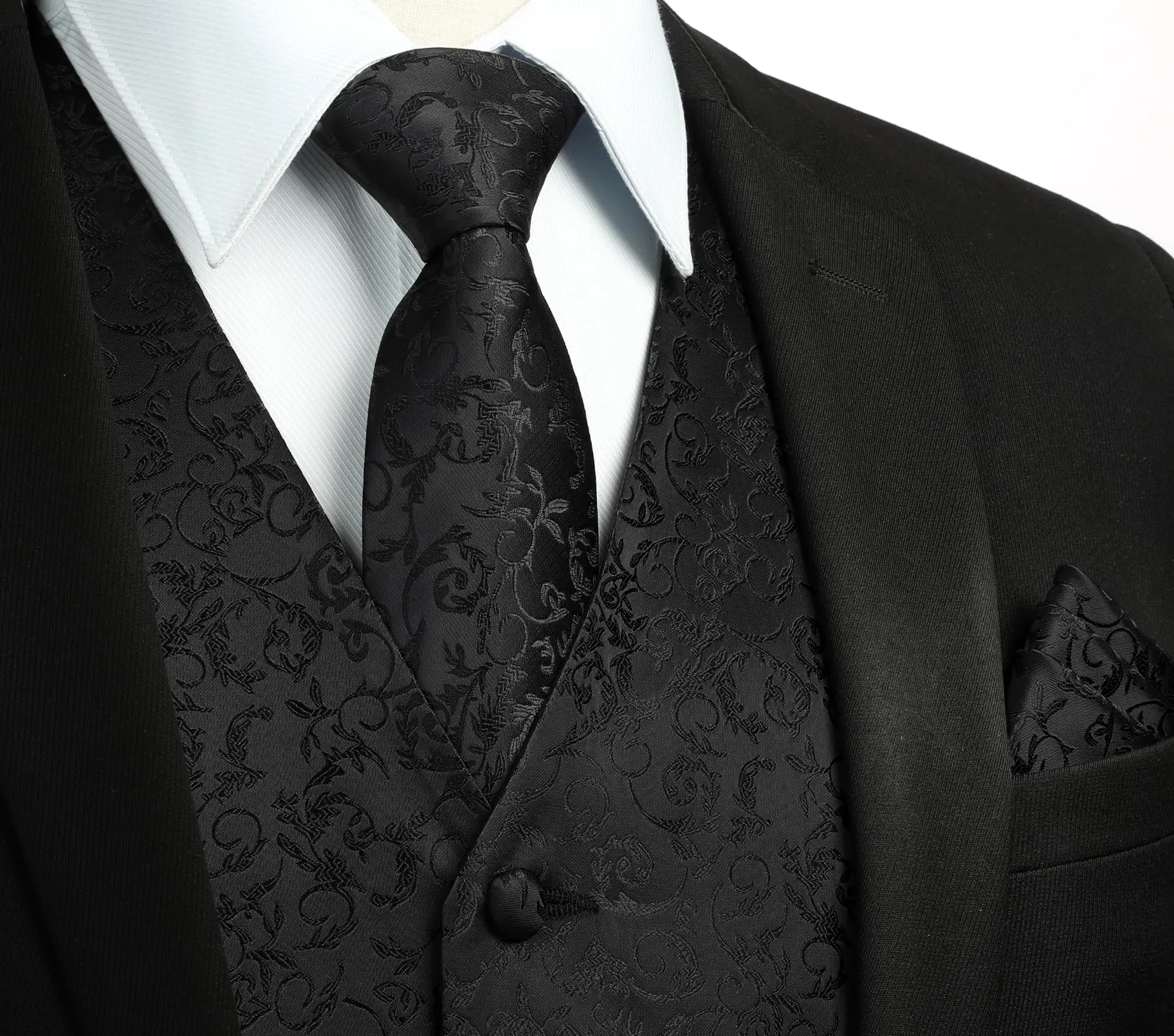HISDERN Gilet da Uomo Nero Paisley Floreale Jacquard con Cravatta e Fazzoletto Set, S - immagine 3