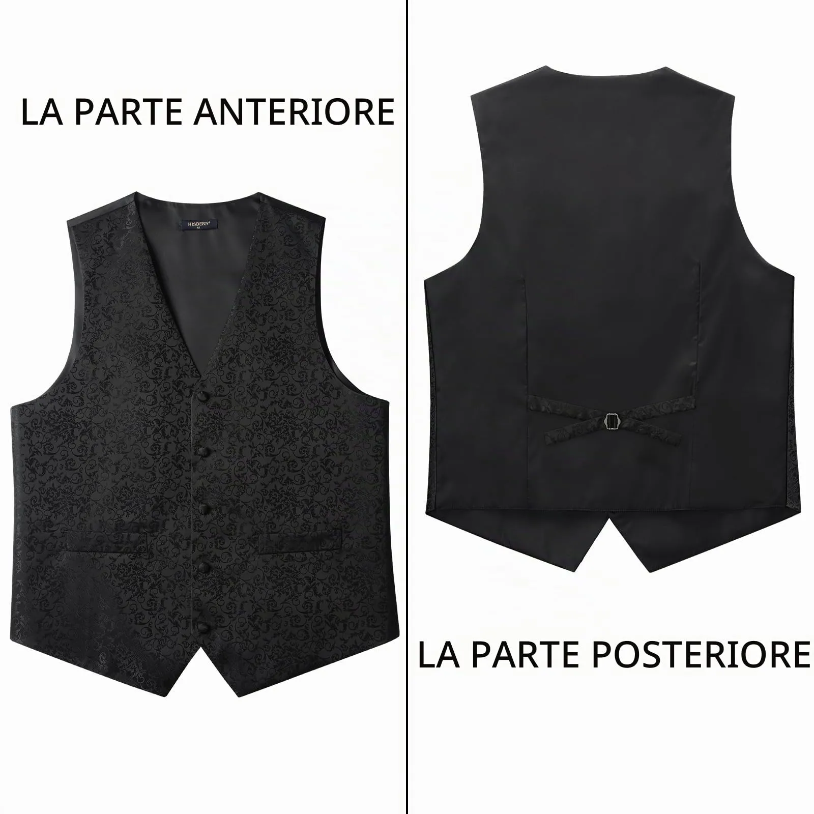 HISDERN Gilet da Uomo Nero Paisley Floreale Jacquard con Cravatta e Fazzoletto Set, S - immagine 5