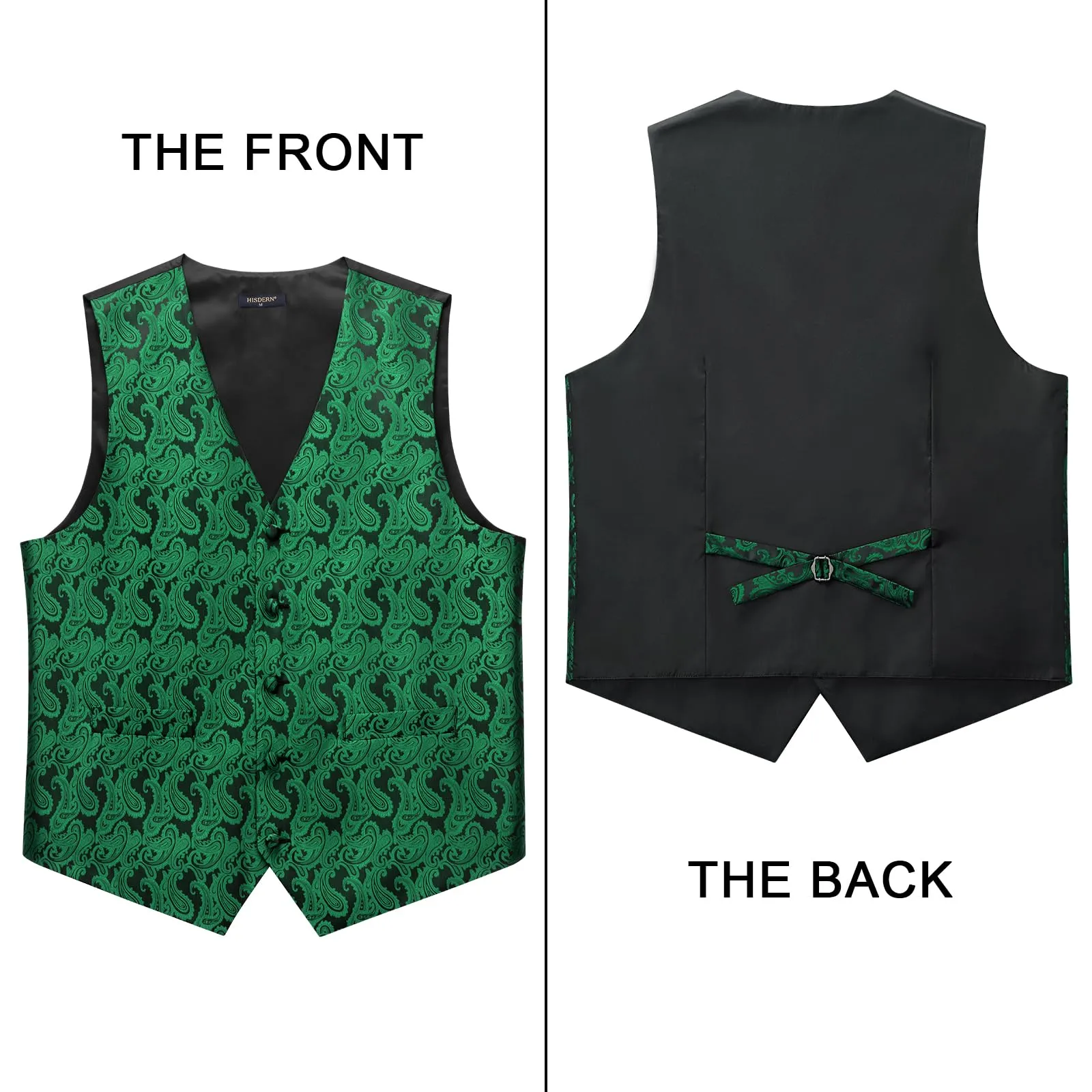 HISDERN Gilet da Uomo Verde Paisley Jacquard con Cravatta e Fazzoletto, XL - immagine 4
