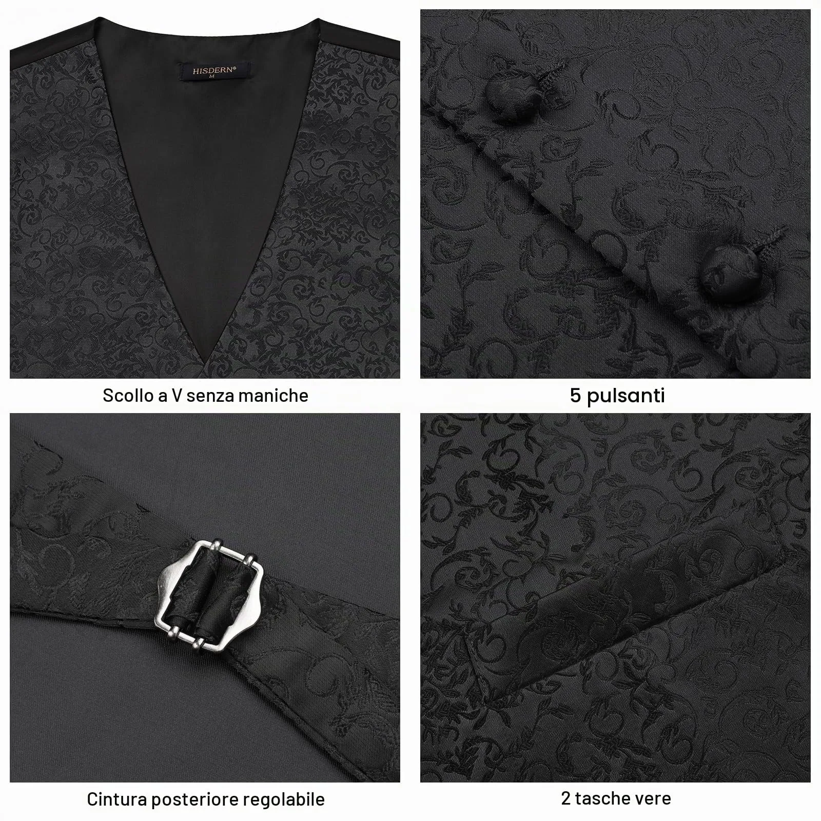 HISDERN Gilet da Uomo Nero Paisley Floreale Jacquard con Cravatta e Fazzoletto, Taglia M - immagine 4