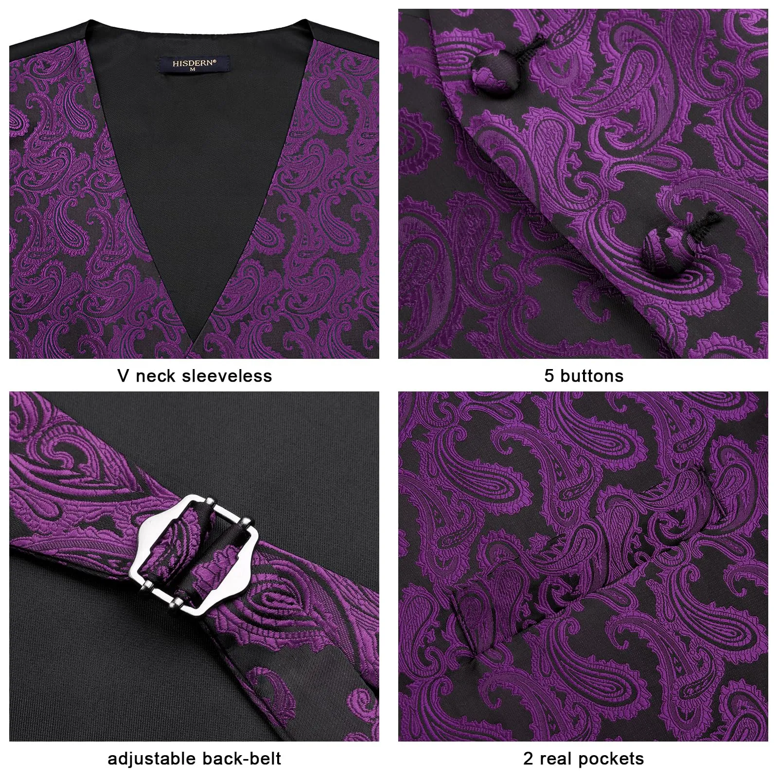 HISDERN Gilet da Uomo Viola Paisley Jacquard con Cravatta e Fazzoletto, XL - immagine 3