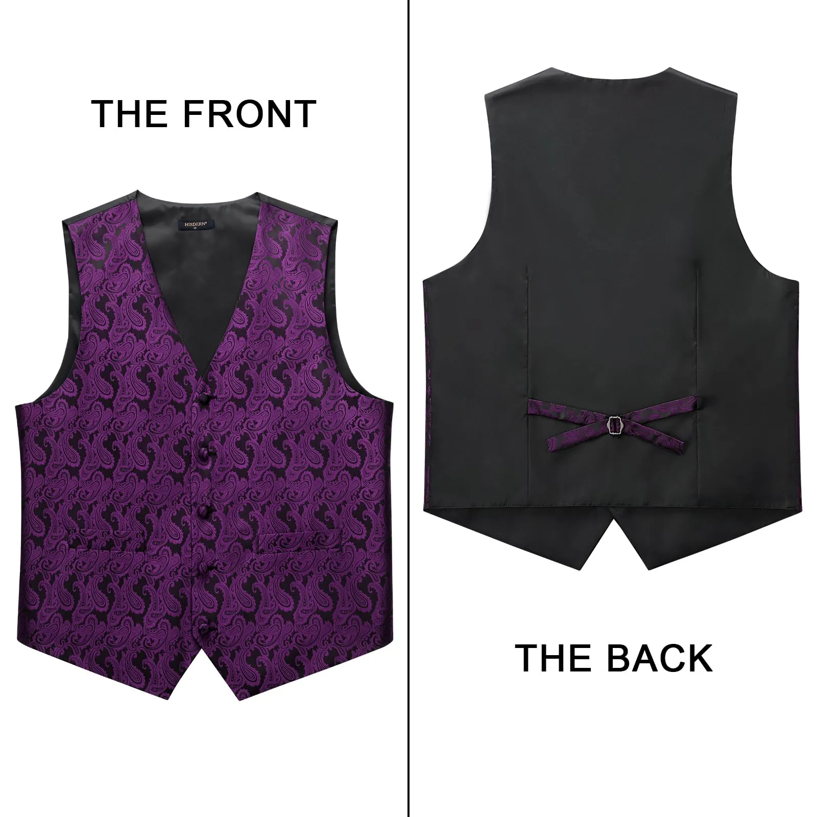 HISDERN Gilet da Uomo Viola Paisley Jacquard con Cravatta e Fazzoletto, XL - immagine 4
