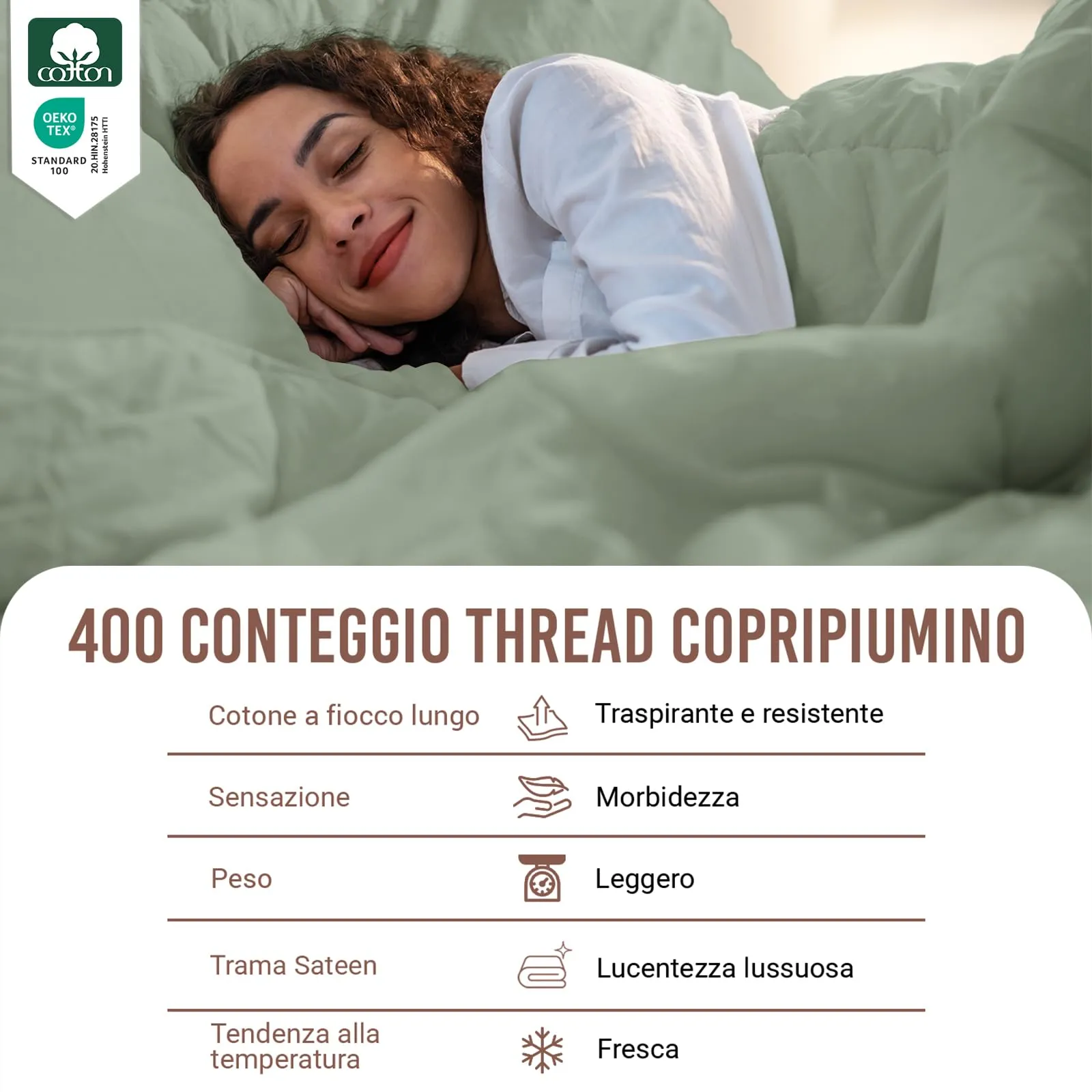 Pizuna Linens Set Copripiumino in Cotone Sateen 400 fili, 200x200 cm, Verde, 3 Pezzi - immagine 2