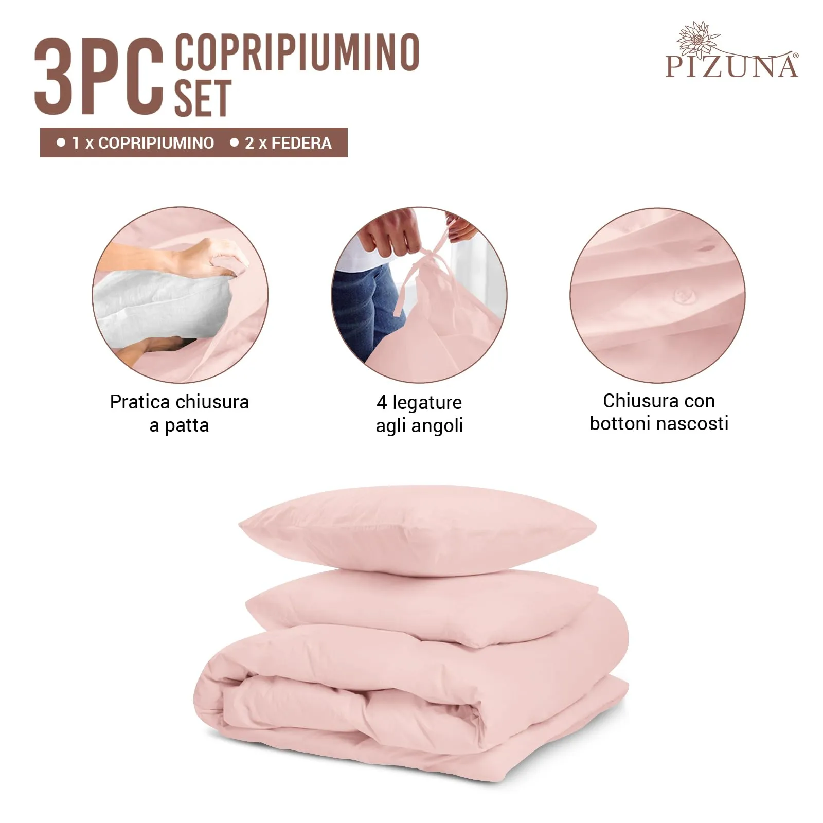 Pizuna Linens Set Copripiumino in Cotone 400 Fili, Trama Sateen, Rosa, 200x200 cm, 3 Pezzi - immagine 3