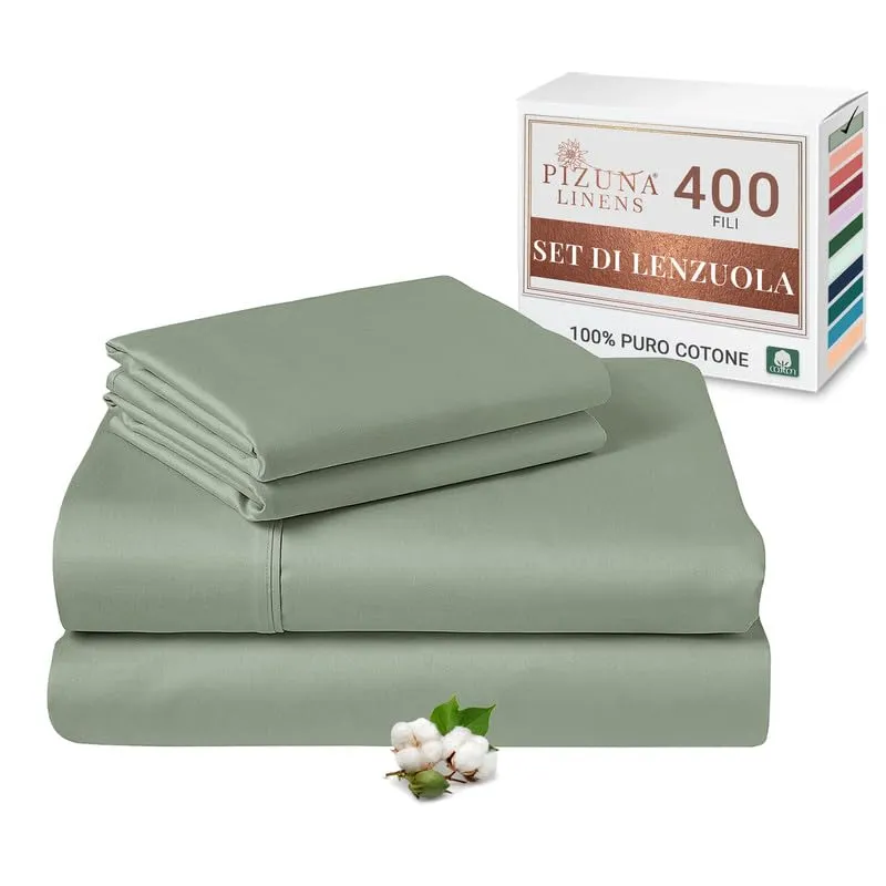 Pizuna Linens Set Lenzuola Letto Matrimoniale in Cotone 140x200 cm, 400 Fili, Verde, 4 Pezzi - immagine 1