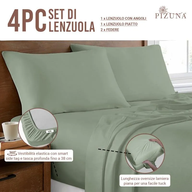 Pizuna Linens Set Lenzuola Letto Matrimoniale in Cotone 140x200 cm, 400 Fili, Verde, 4 Pezzi - immagine 3