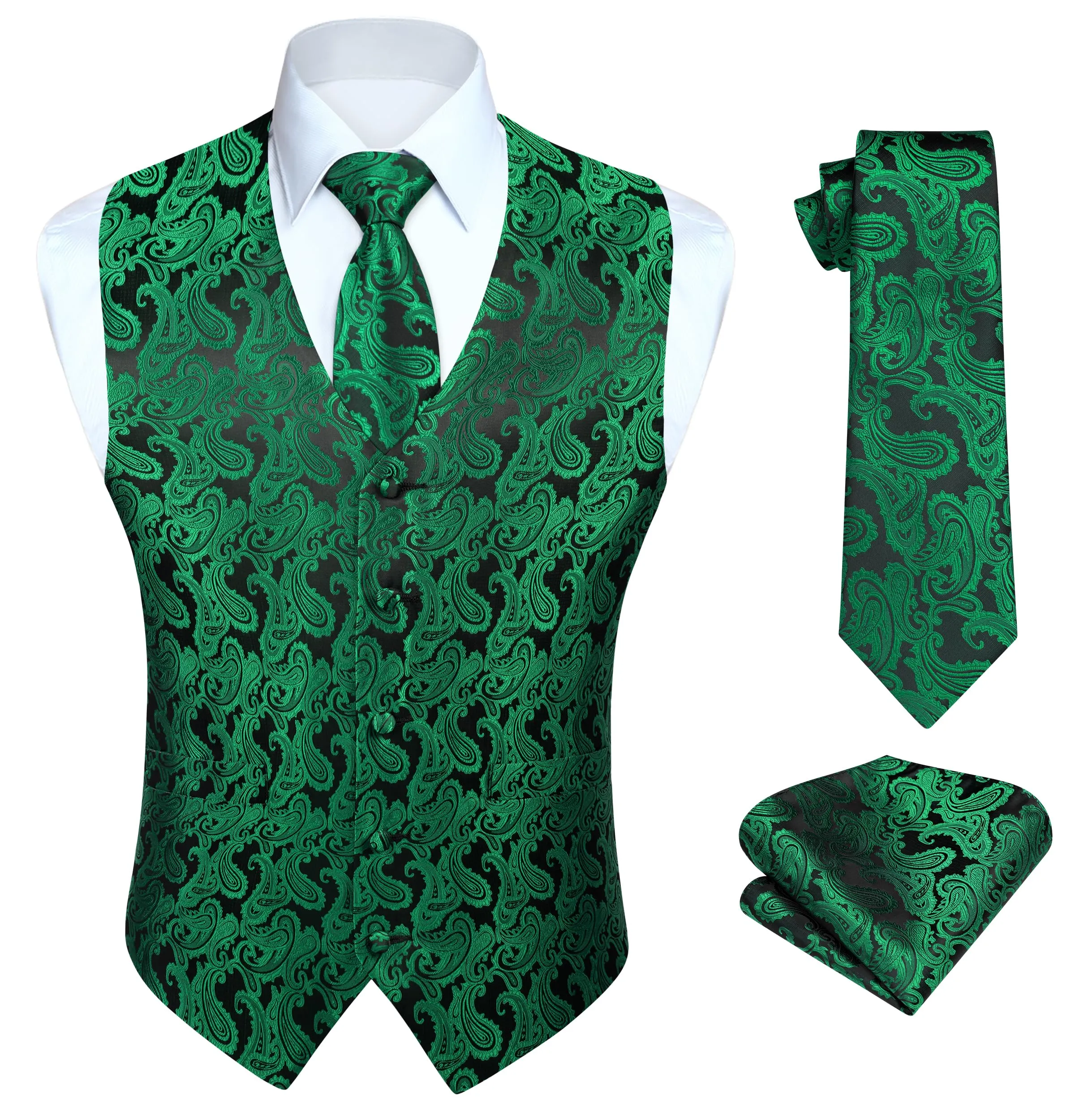 HISDERN Gilet da Uomo Verde Paisley Jacquard con Cravatta e Fazzoletto, 2XL - immagine 1