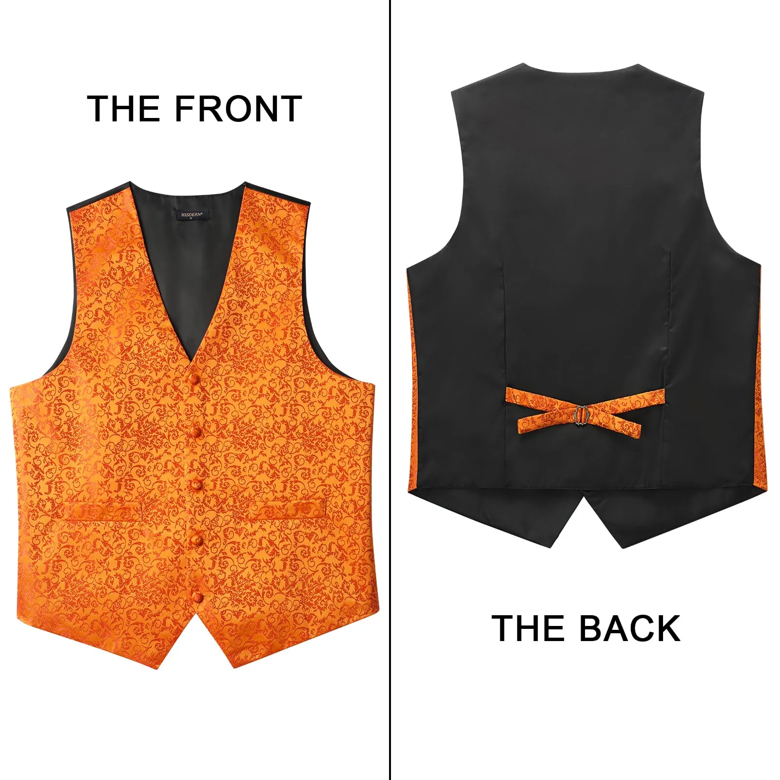 HISDERN Gilet Uomo Paisley Floreale Jacquard con Cravatta e Fazzoletto da Taschino, 4XL, Arancione-N - immagine 3