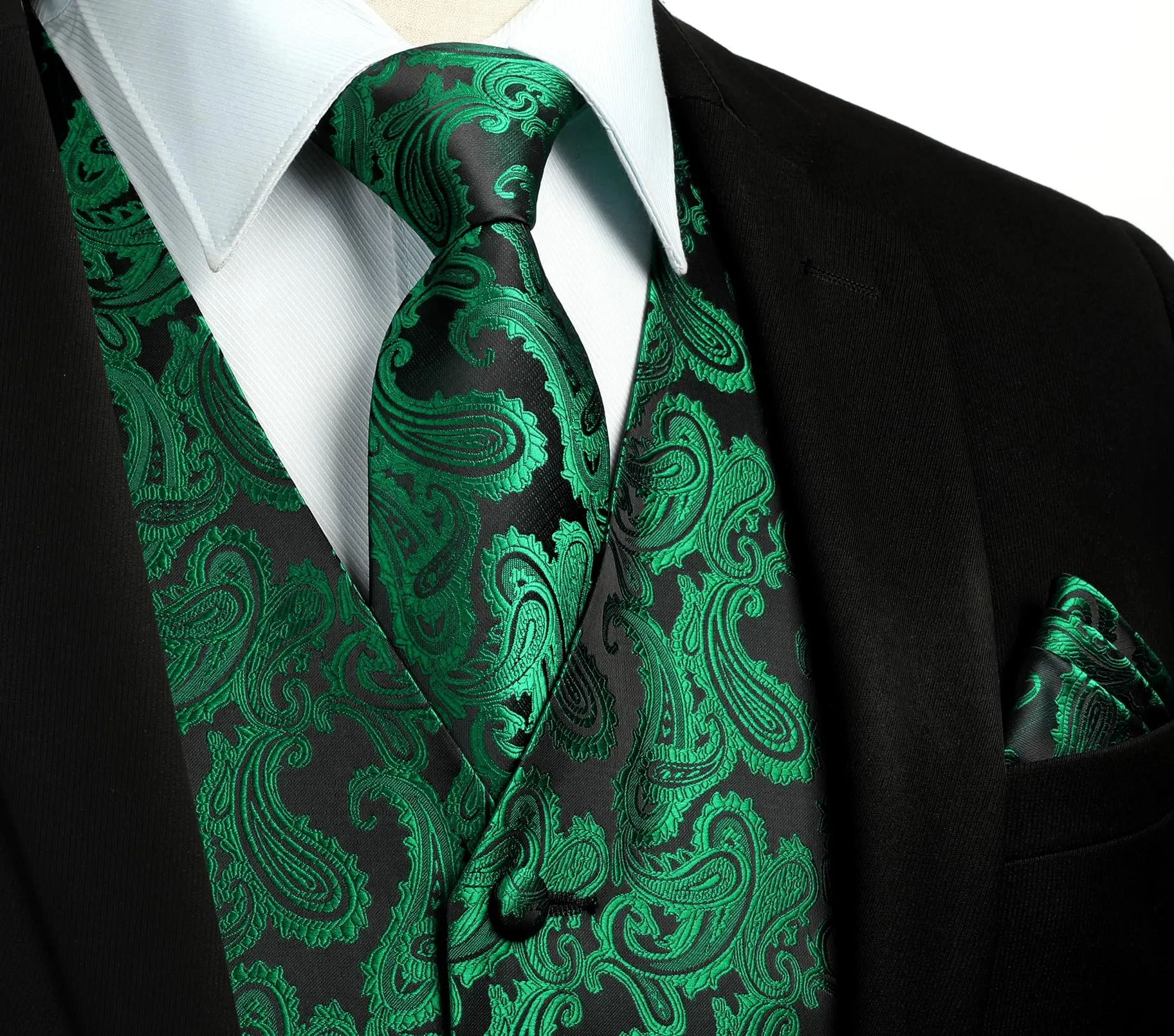 HISDERN Gilet da Uomo Verde Paisley Floreale Jacquard con Cravatta e Fazzoletto, 4XL - immagine 2