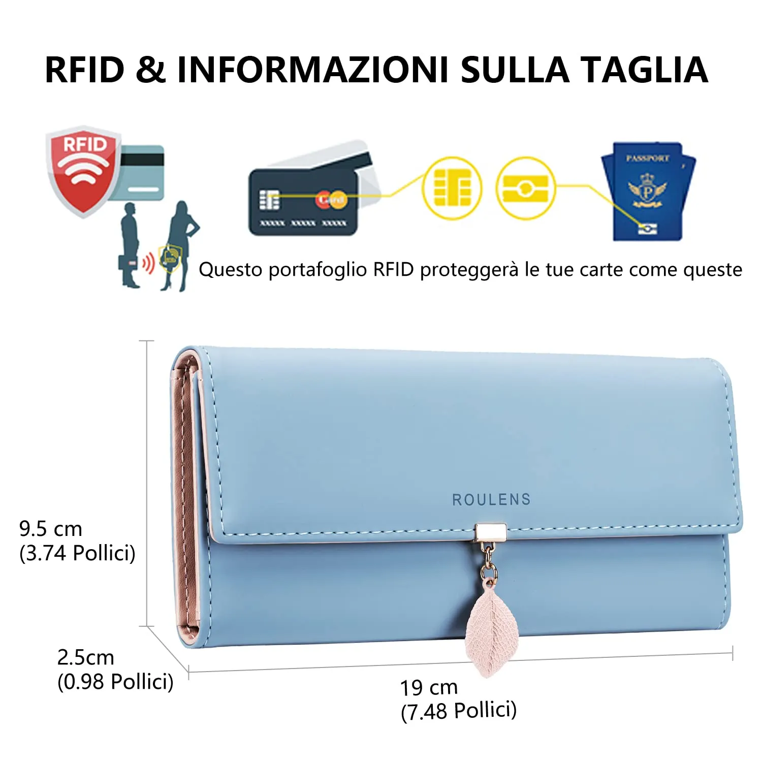 Roulens Portafoglio da donna in pelle sintetica con blocco RFID e bottoni a pressione a forma di foglia - immagine 2