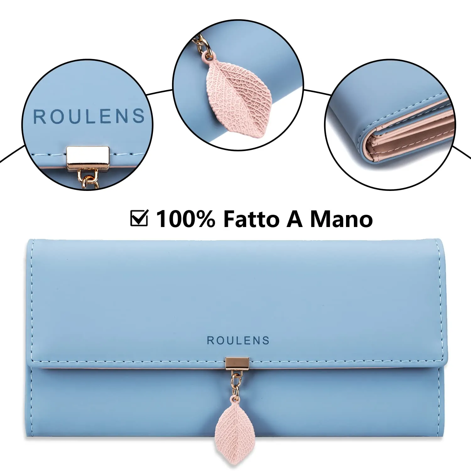 Roulens Portafoglio da donna in pelle sintetica con blocco RFID e bottoni a pressione a forma di foglia - immagine 4