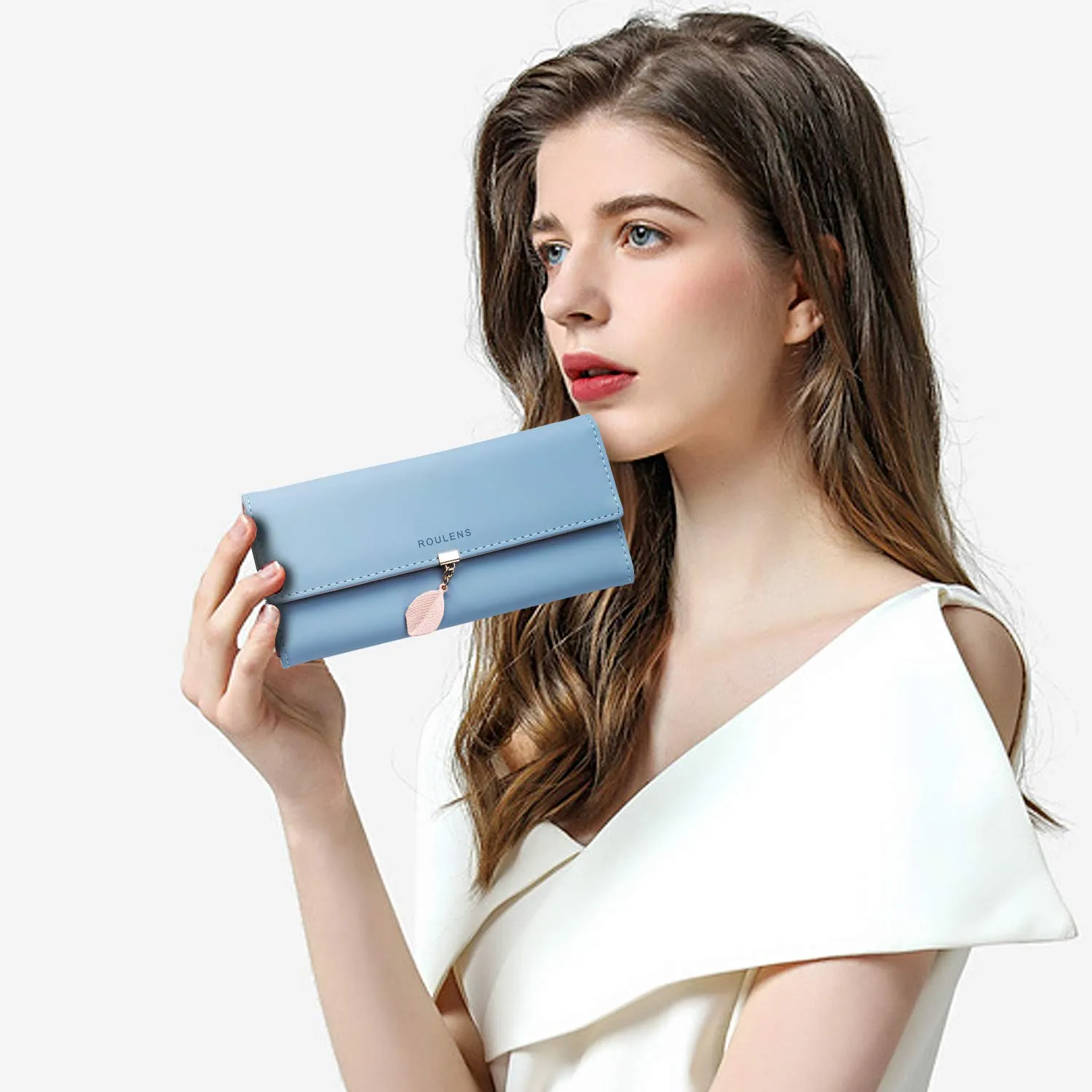 Roulens Portafoglio da donna in pelle sintetica con blocco RFID e bottoni a pressione a forma di foglia - immagine 6