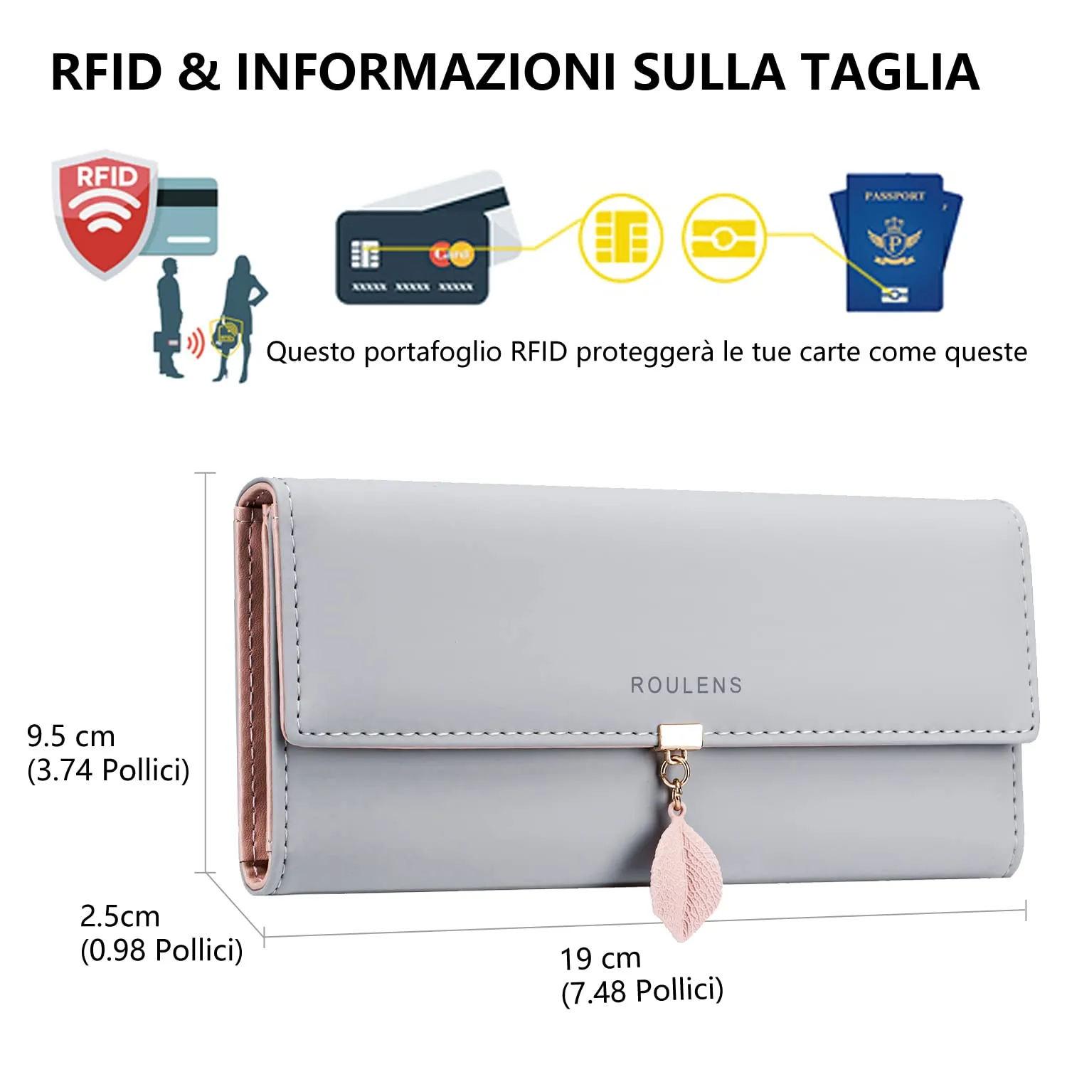 Roulens Portafoglio da donna in pelle sintetica con blocco RFID e chiusura a bottoni a foglia - immagine 2