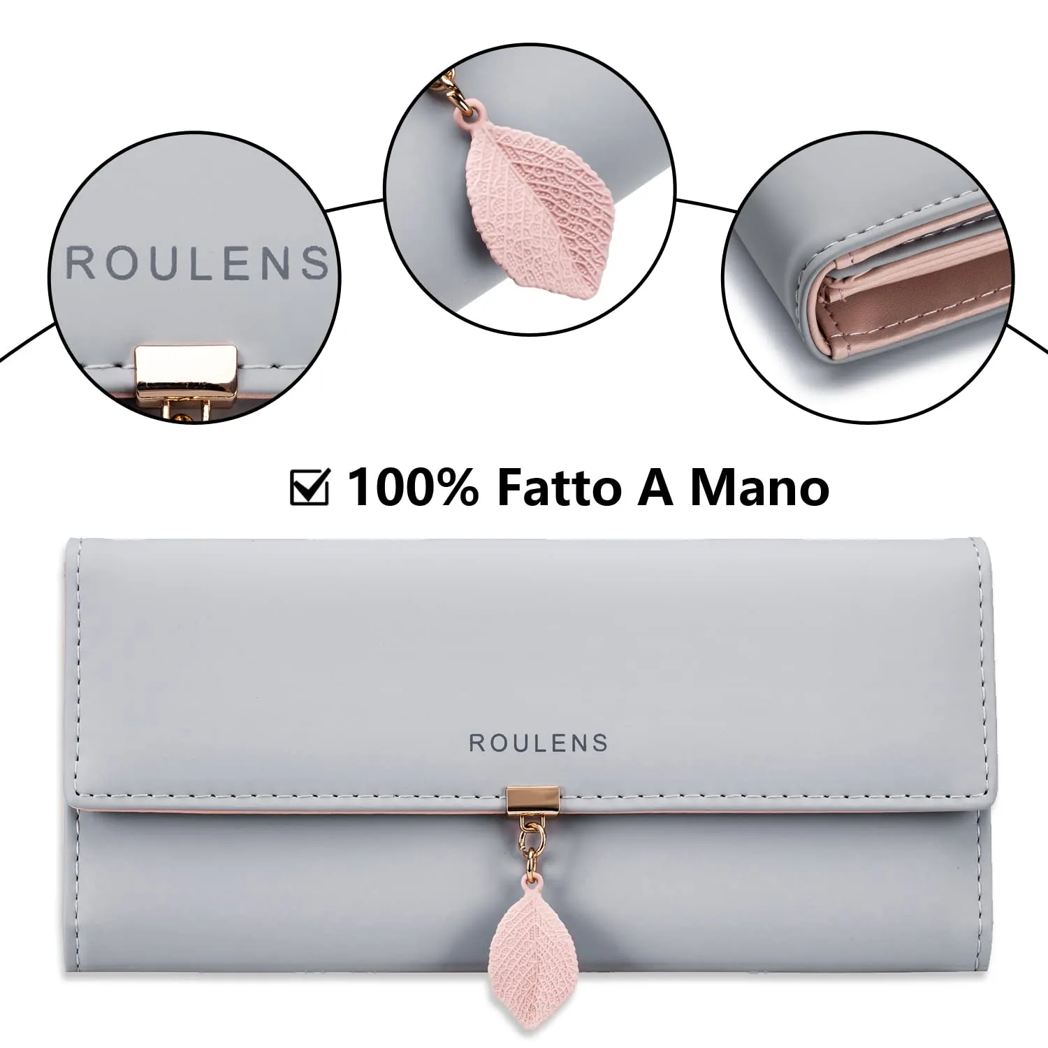 Roulens Portafoglio da donna in pelle sintetica con blocco RFID e chiusura a bottoni a foglia - immagine 4