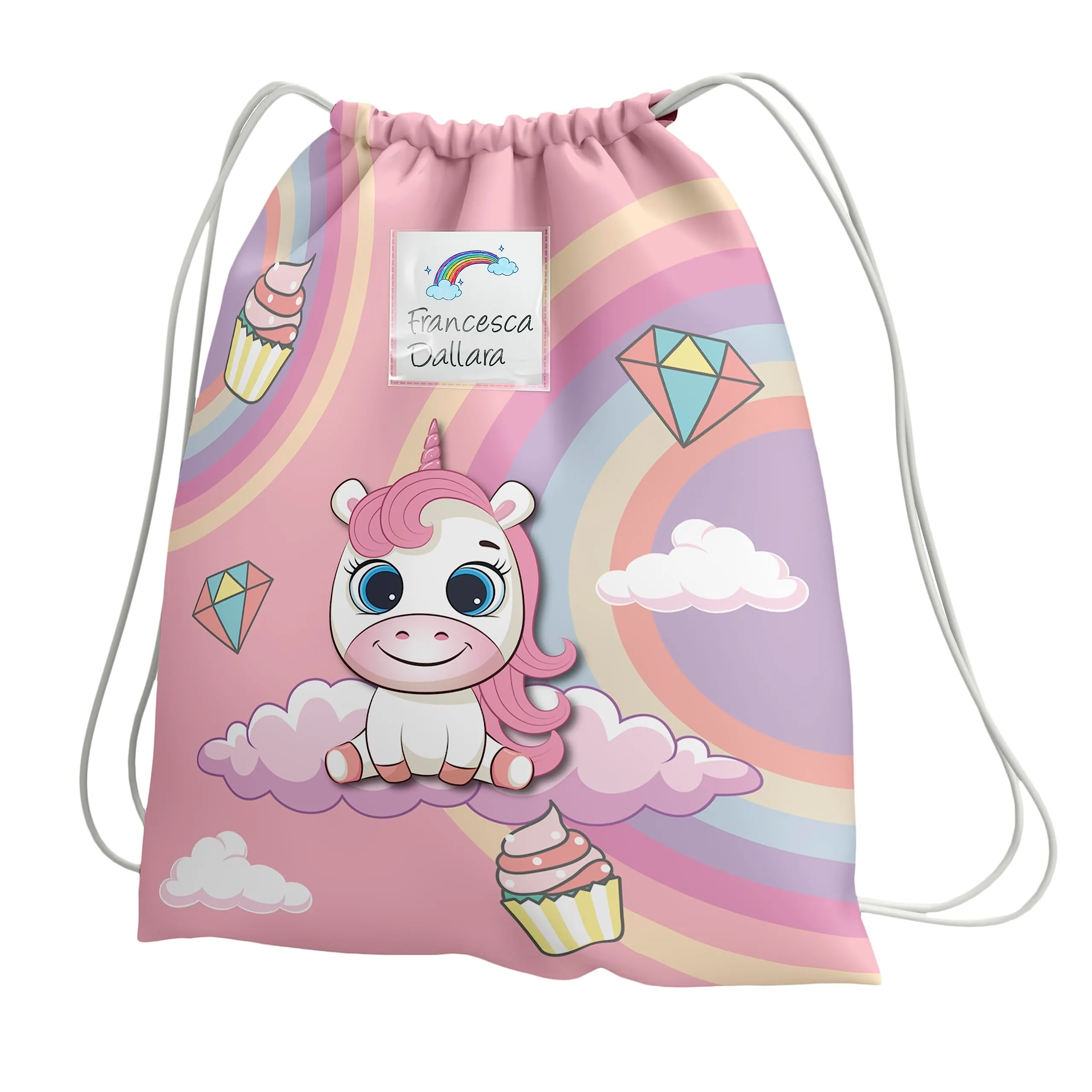 KAÏDENSÏ Sacca Asilo Personalizzata Unicorno, Zainetto Asilo Nido 32x40 cm con Tasca Interna - immagine 1