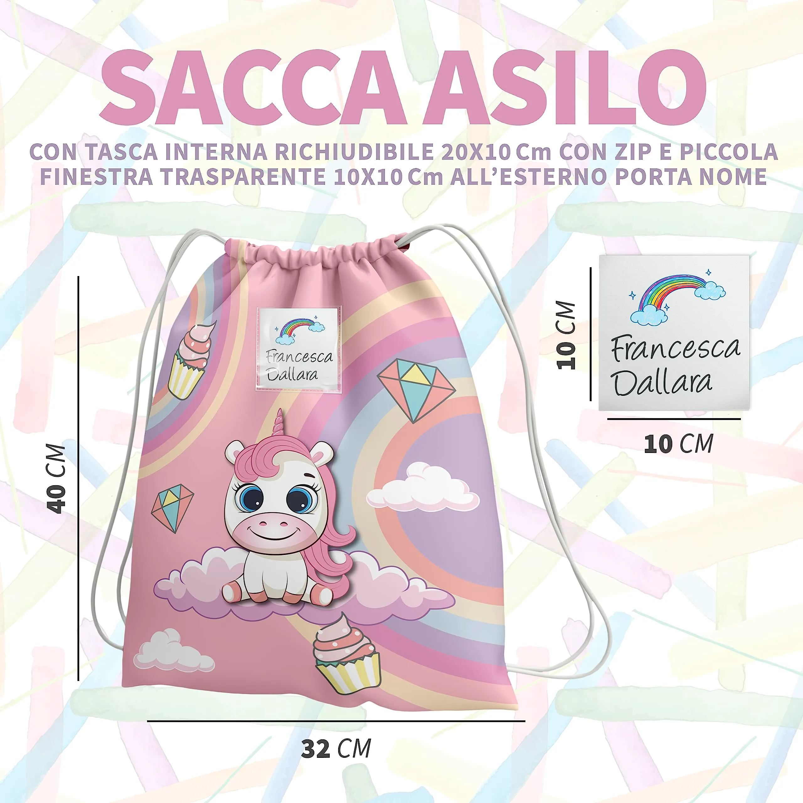 KAÏDENSÏ Sacca Asilo Personalizzata Unicorno, Zainetto Asilo Nido 32x40 cm con Tasca Interna - immagine 2