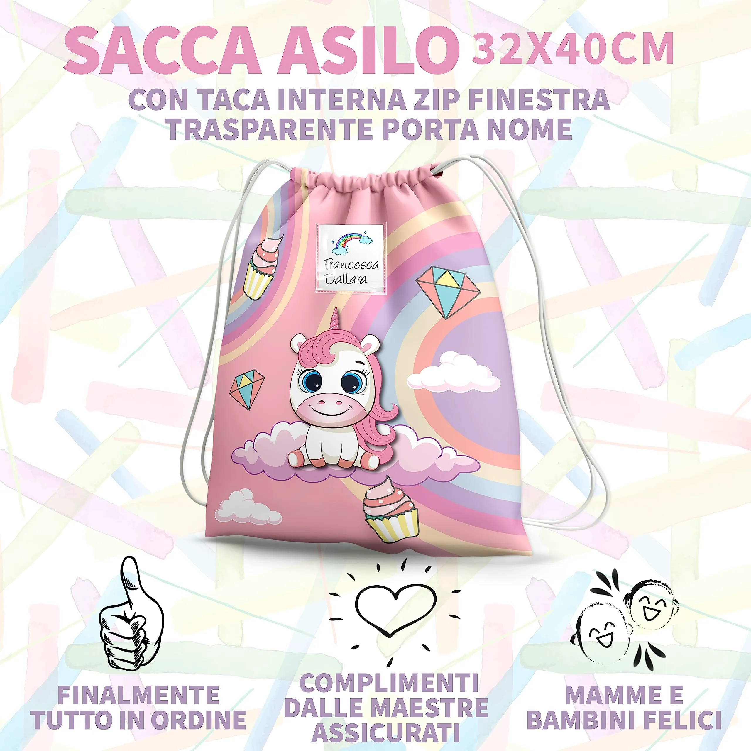 KAÏDENSÏ Sacca Asilo Personalizzata Unicorno, Zainetto Asilo Nido 32x40 cm con Tasca Interna - immagine 3