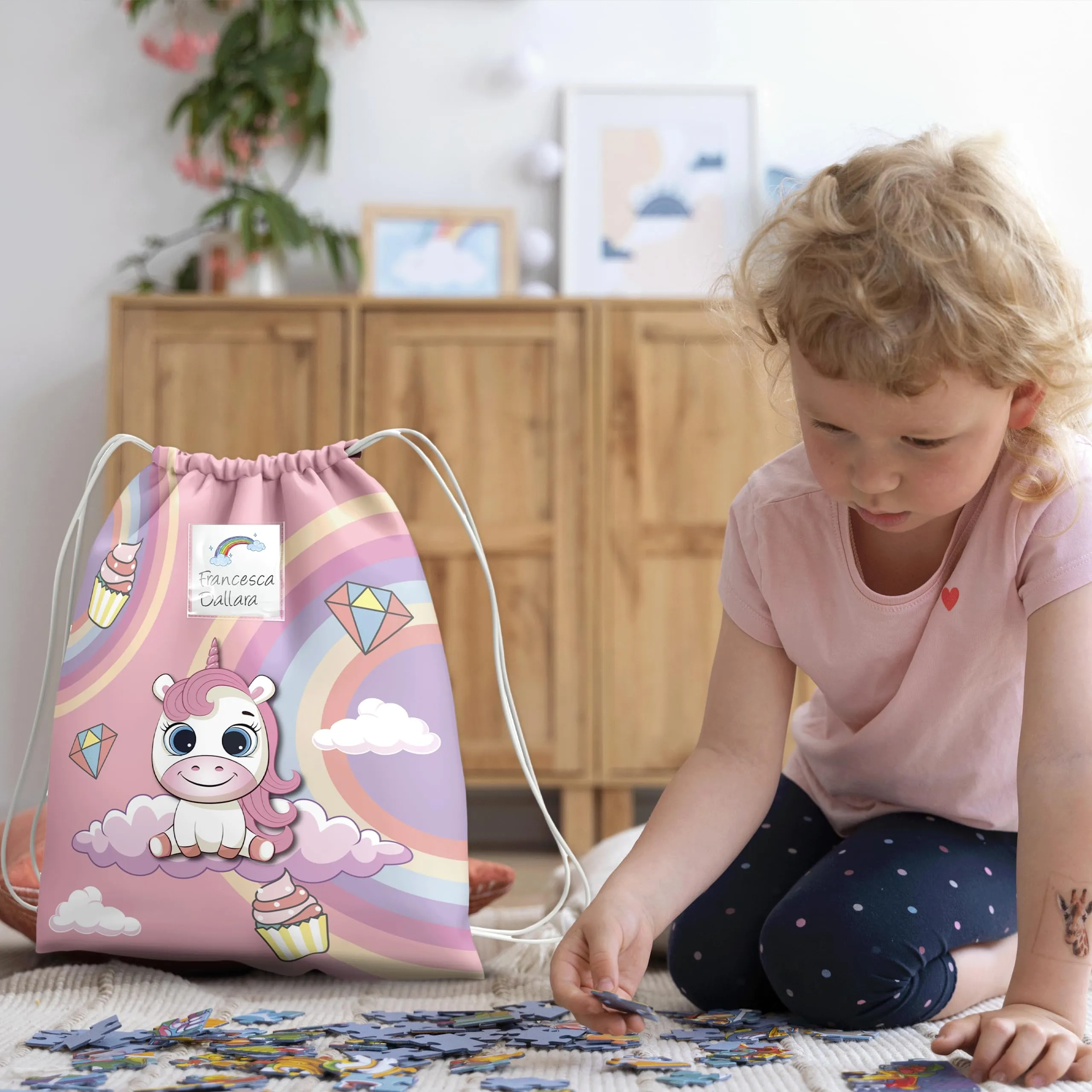 KAÏDENSÏ Sacca Asilo Personalizzata Unicorno, Zainetto Asilo Nido 32x40 cm con Tasca Interna - immagine 8