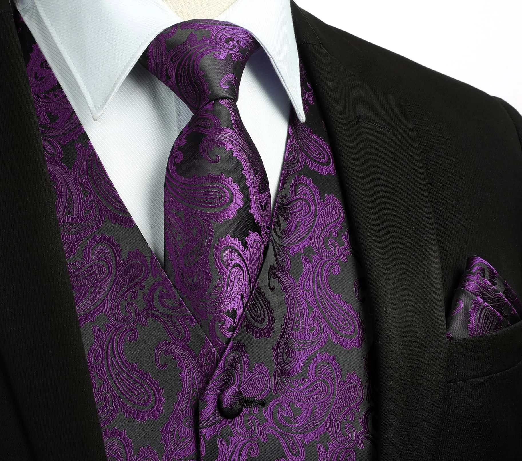 HISDERN Gilet da Uomo Viola Paisley Jacquard con Cravatta e Fazzoletto, 2XL - immagine 2
