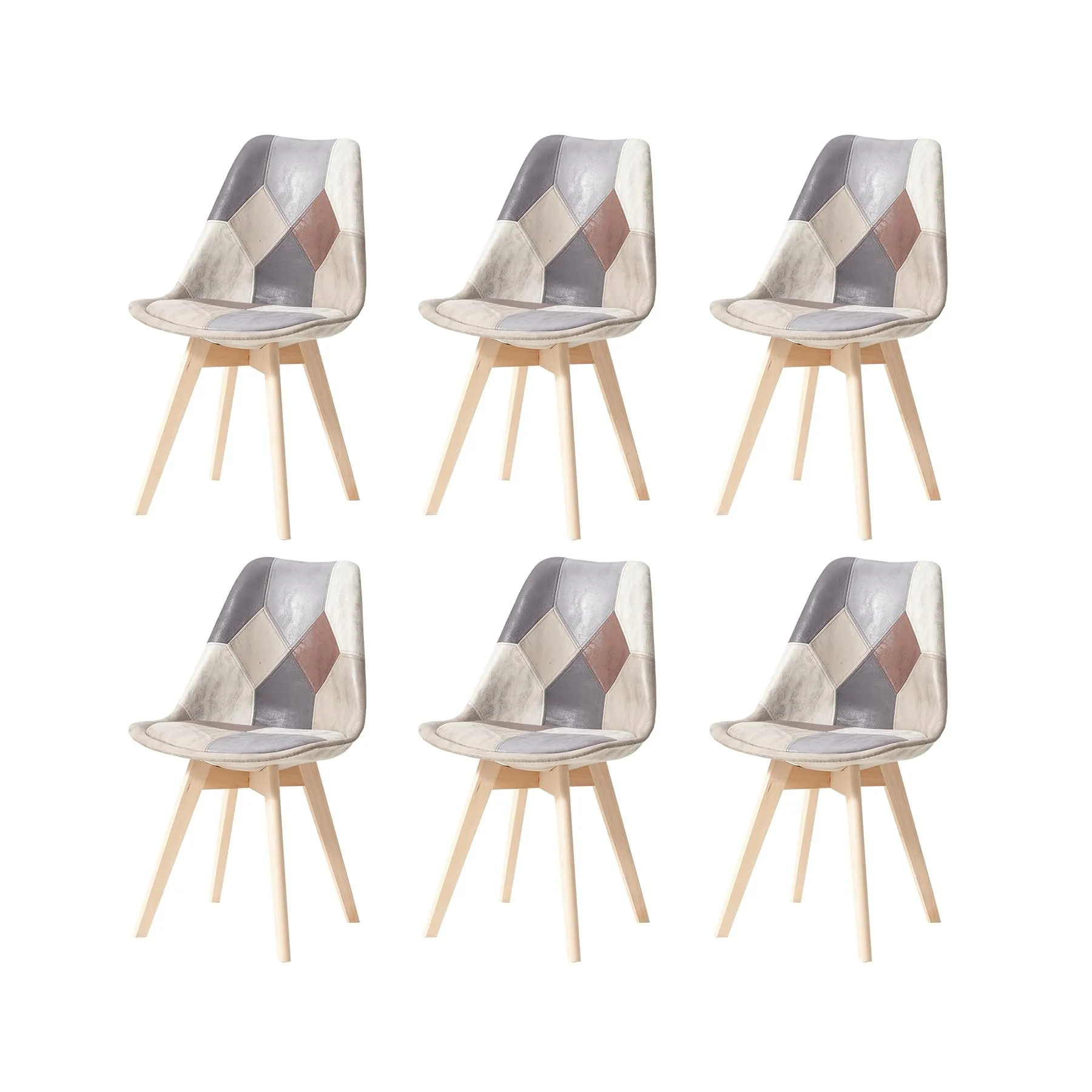GrandCA HOME Set di 6 Sedie da Pranzo Scandinave con Cuscino in Tessuto Patchwork e Gambe in Legno di Faggio, Grigio - immagine 1