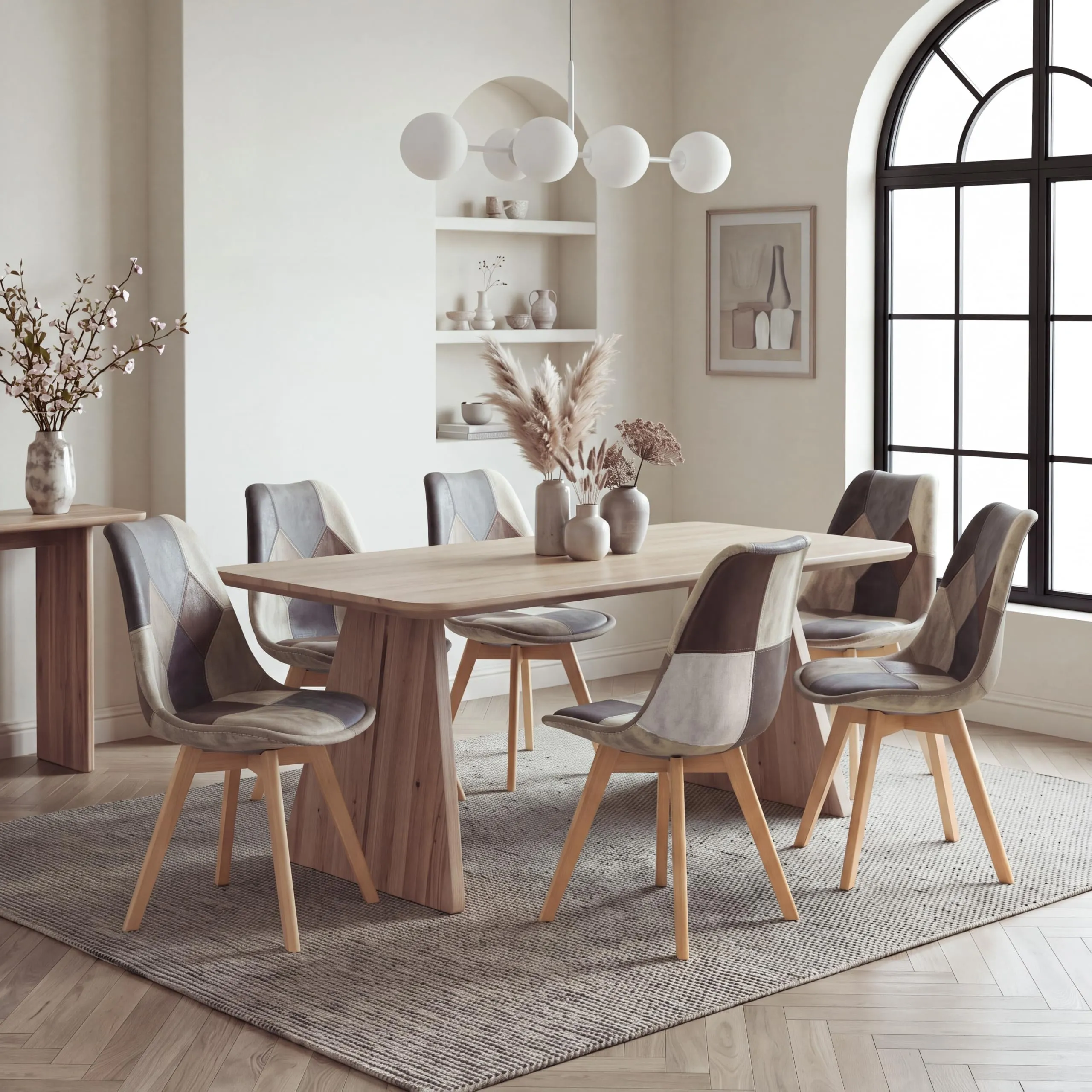 GrandCA HOME Set di 6 Sedie da Pranzo Scandinave con Cuscino in Tessuto Patchwork e Gambe in Legno di Faggio, Grigio - immagine 2
