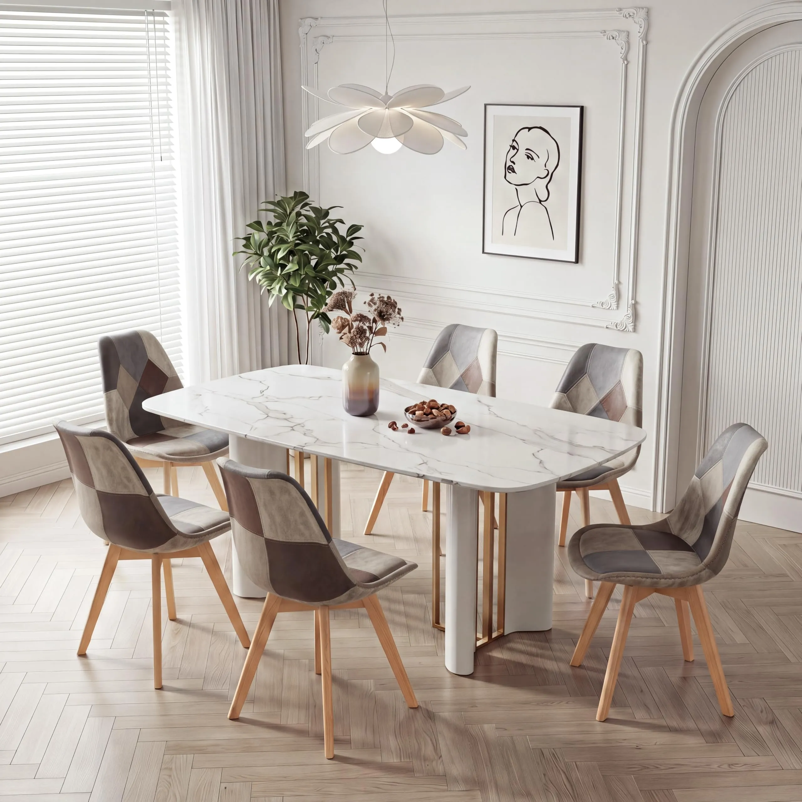 GrandCA HOME Set di 6 Sedie da Pranzo Scandinave con Cuscino in Tessuto Patchwork e Gambe in Legno di Faggio, Grigio - immagine 4