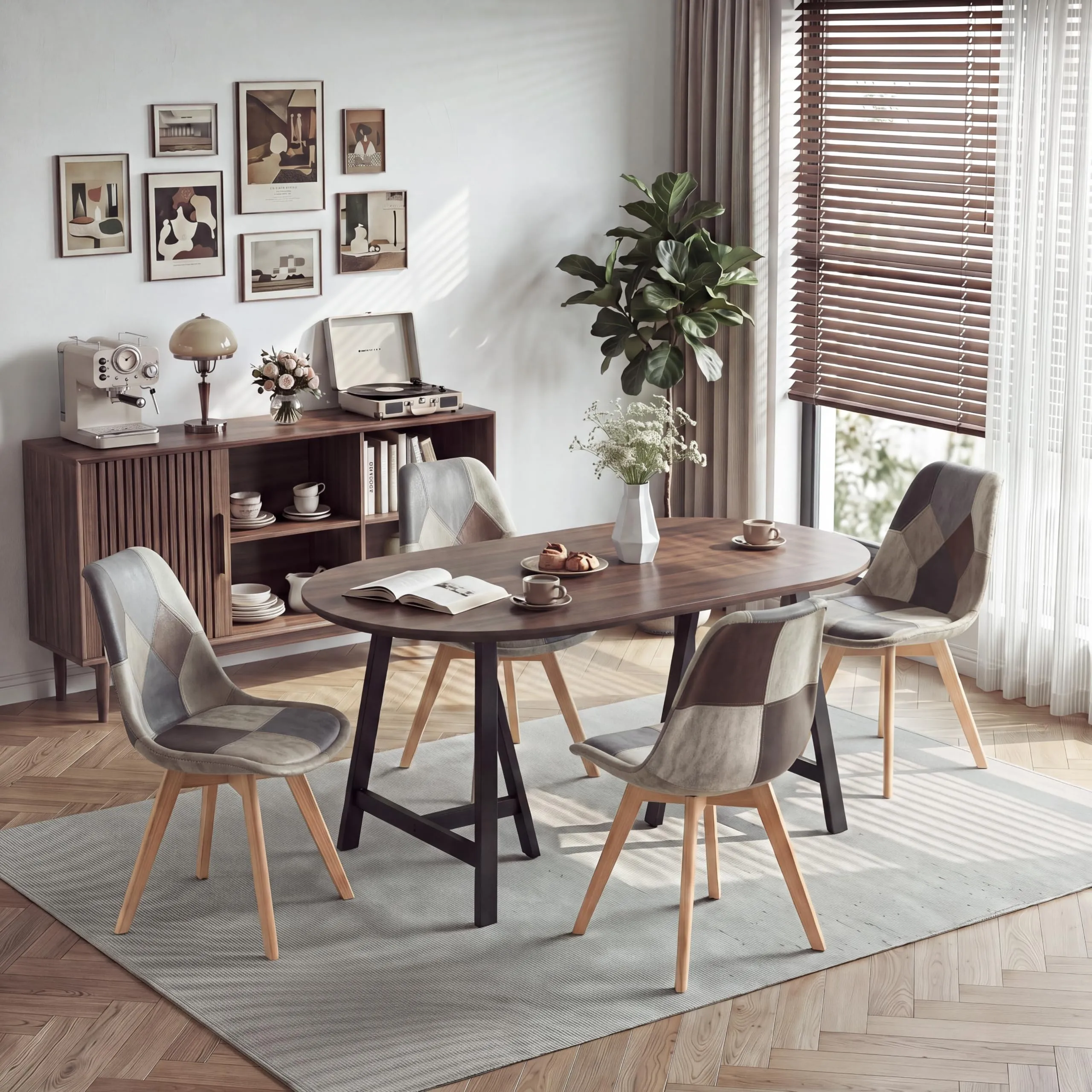 GrandCA HOME Set di 6 Sedie da Pranzo Scandinave con Cuscino in Tessuto Patchwork e Gambe in Legno di Faggio, Grigio - immagine 7