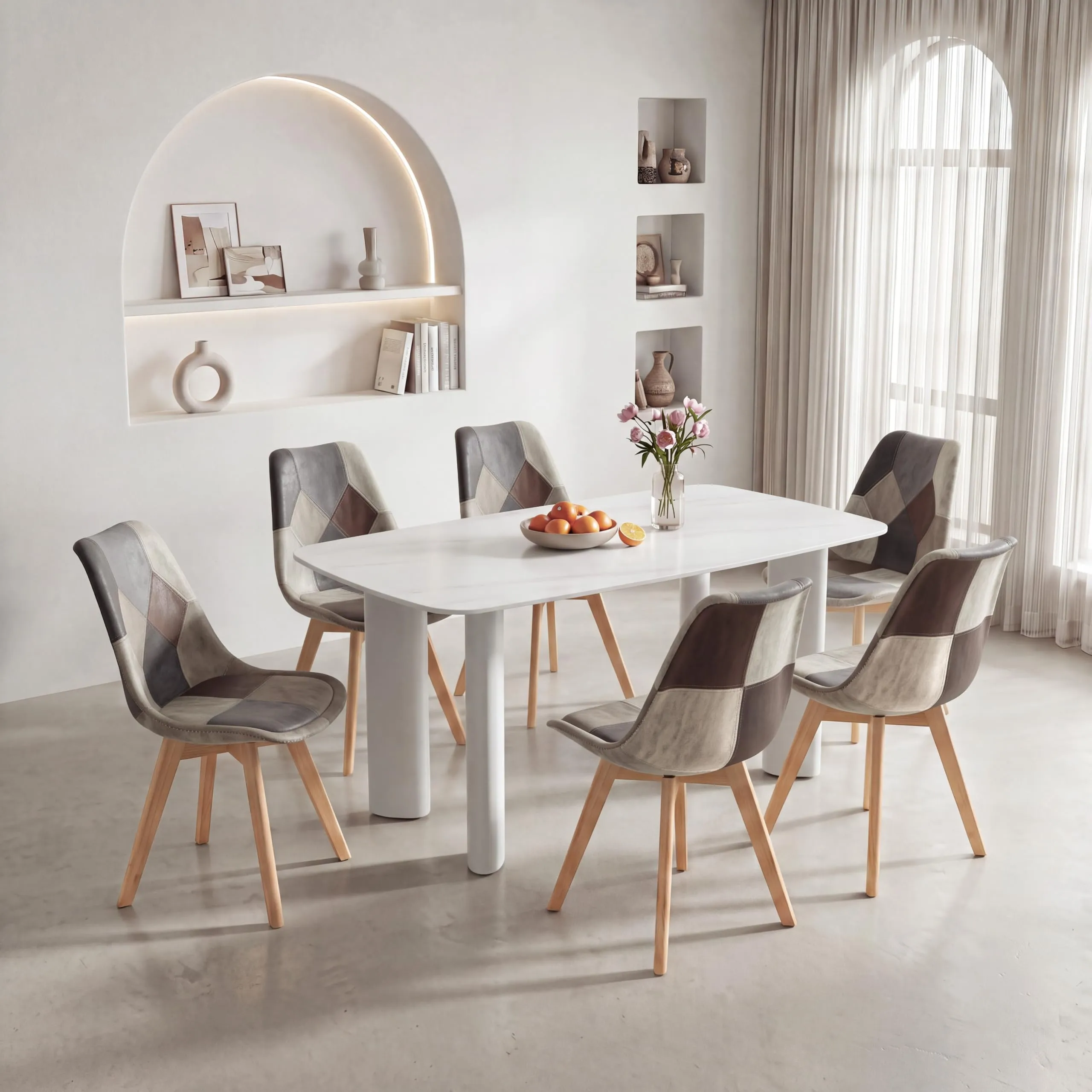 GrandCA HOME Set di 6 Sedie da Pranzo Scandinave con Cuscino in Tessuto Patchwork e Gambe in Legno di Faggio, Grigio - immagine 8