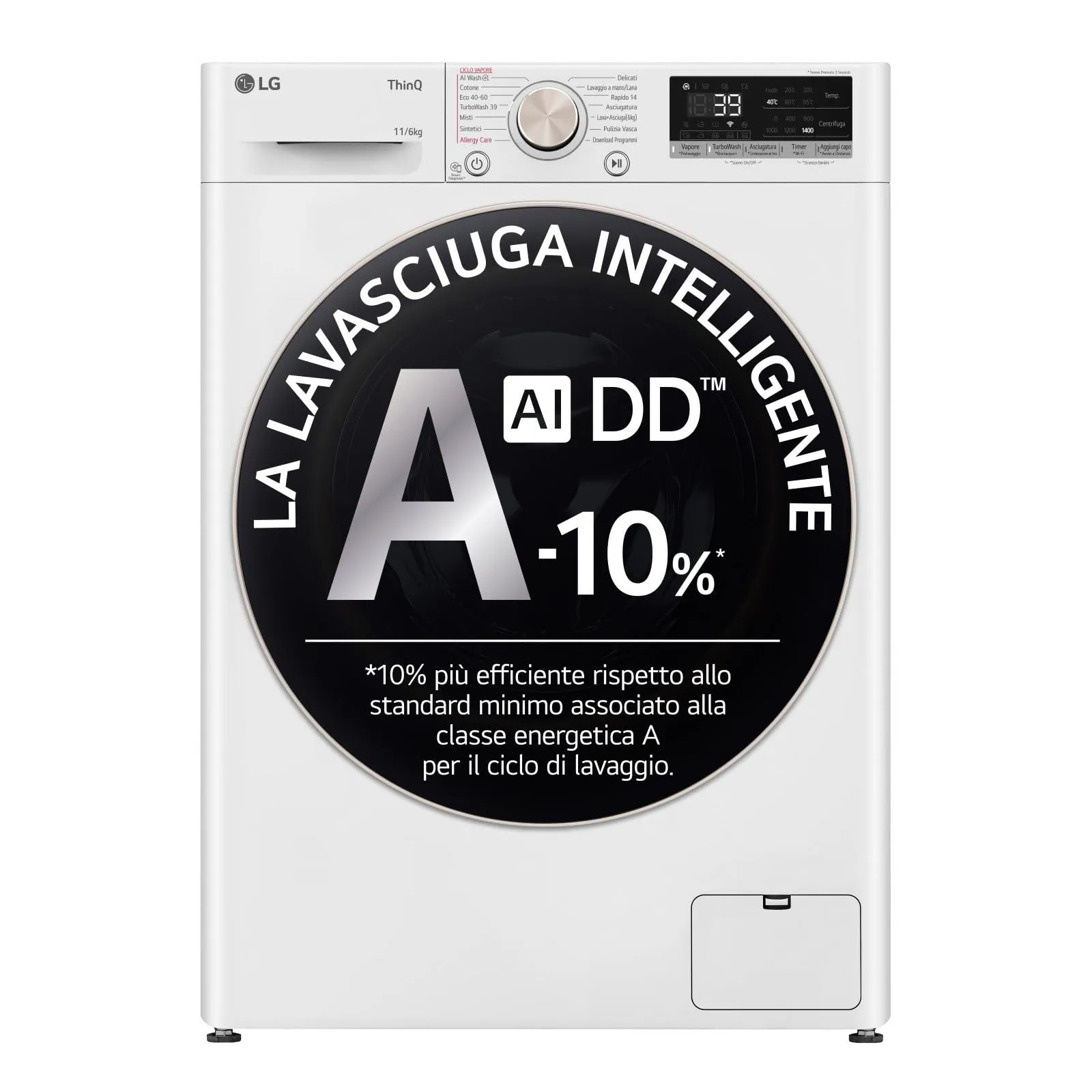 LG D4R7011TSWG Lavasciuga 11/6kg Serie R7, Classe A-10%/D, 1400 Giri, TurboWash 360, Vapore, Allergy Care, Eco Hybrid, Wi-Fi, Bianca - immagine 1